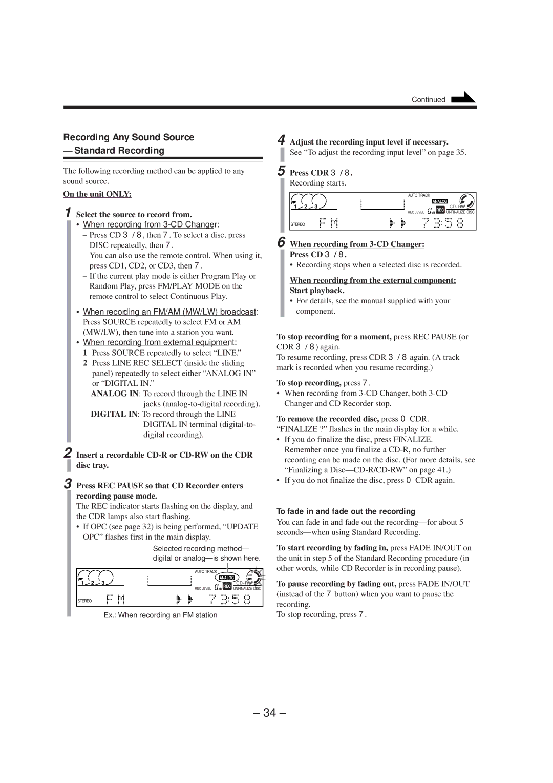 JVC CA-NXCDR7R, LVT0749-003A manual Recording Any Sound Source Standard Recording, To fade in and fade out the recording 