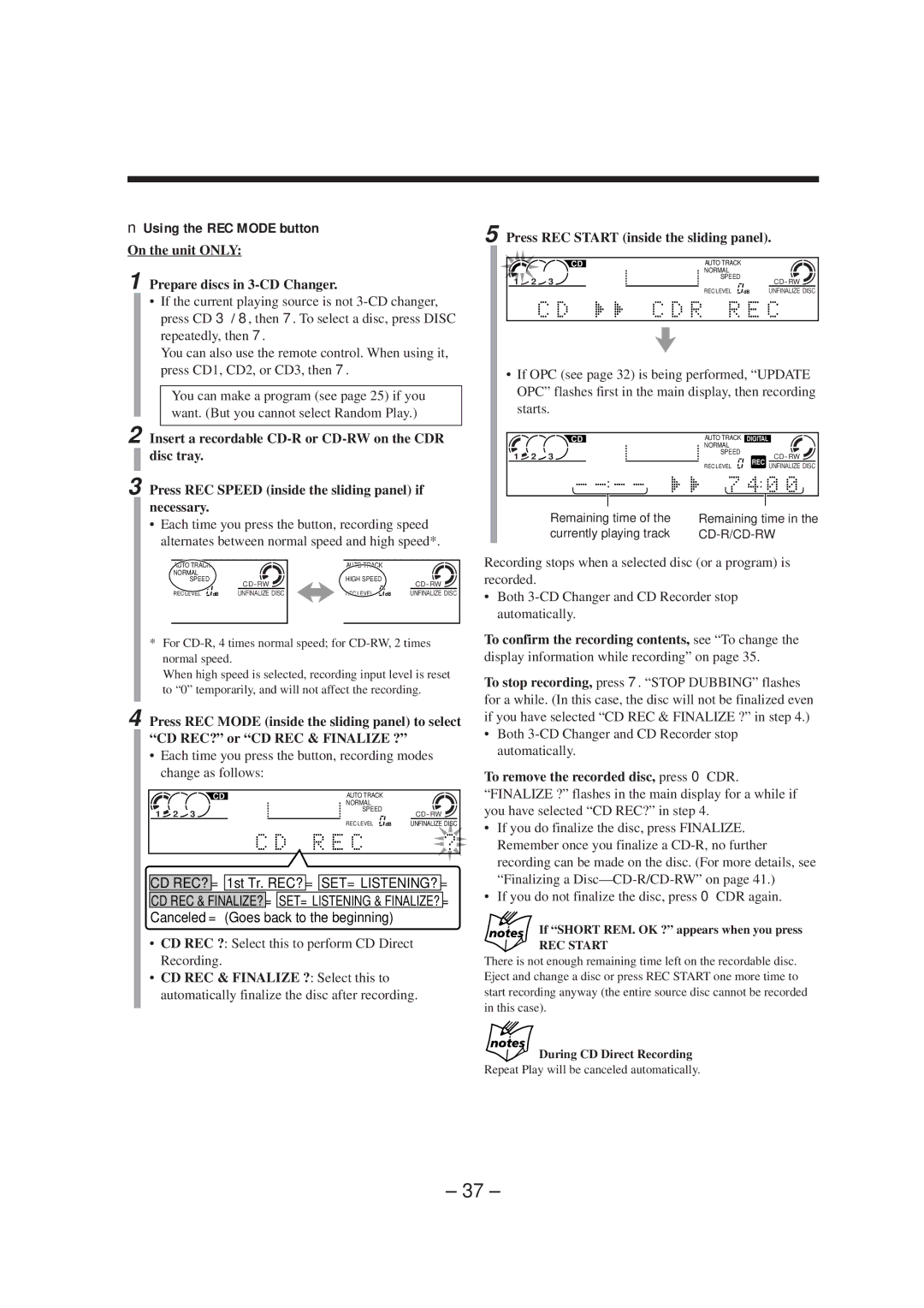 JVC LVT0749-003A, CA-NXCDR7R manual Using the REC Mode button, CD REC? = 1st Tr. REC? = SET=LISTENING? = 