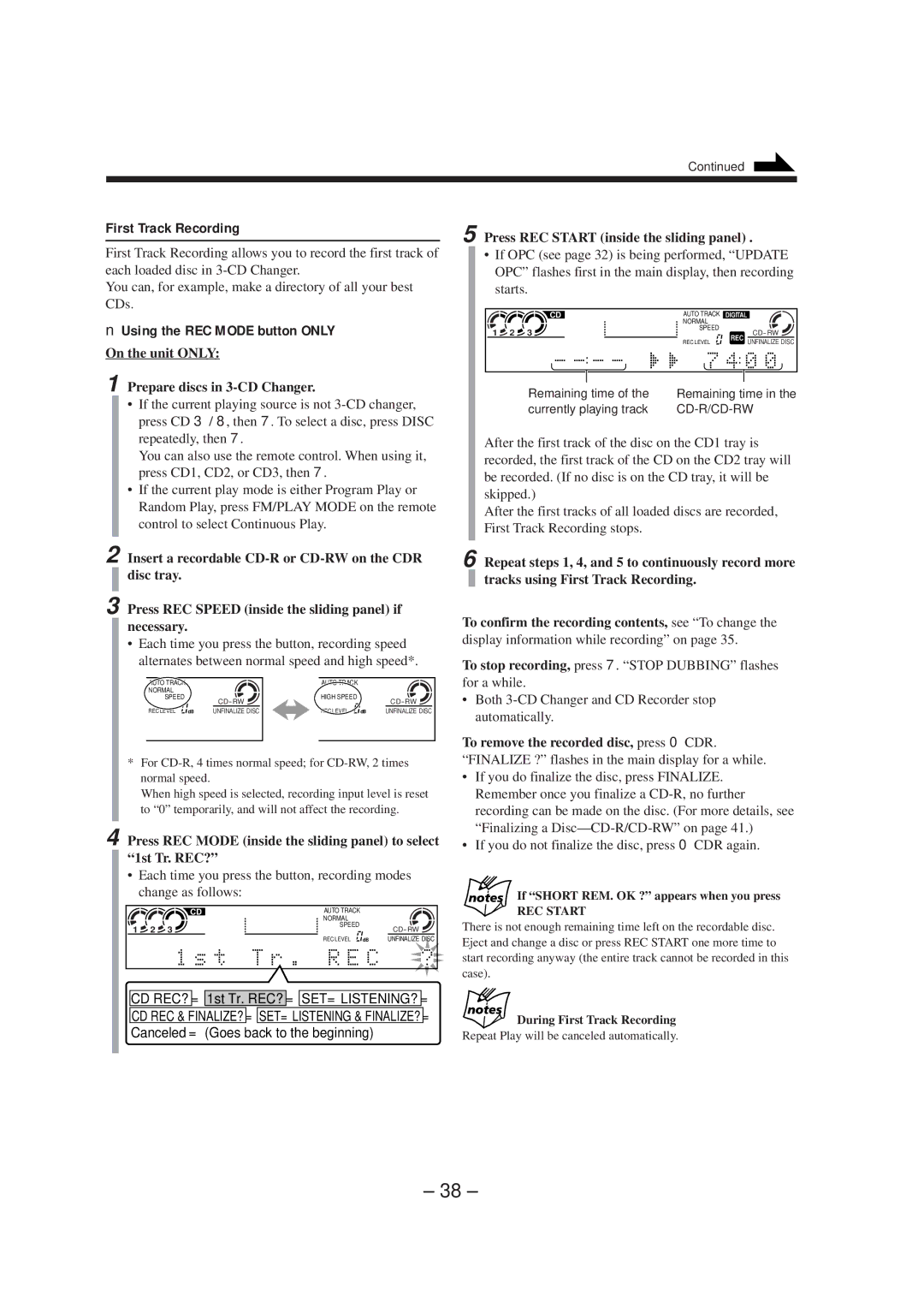 JVC CA-NXCDR7R, LVT0749-003A manual Using the REC Mode button only, During First Track Recording 