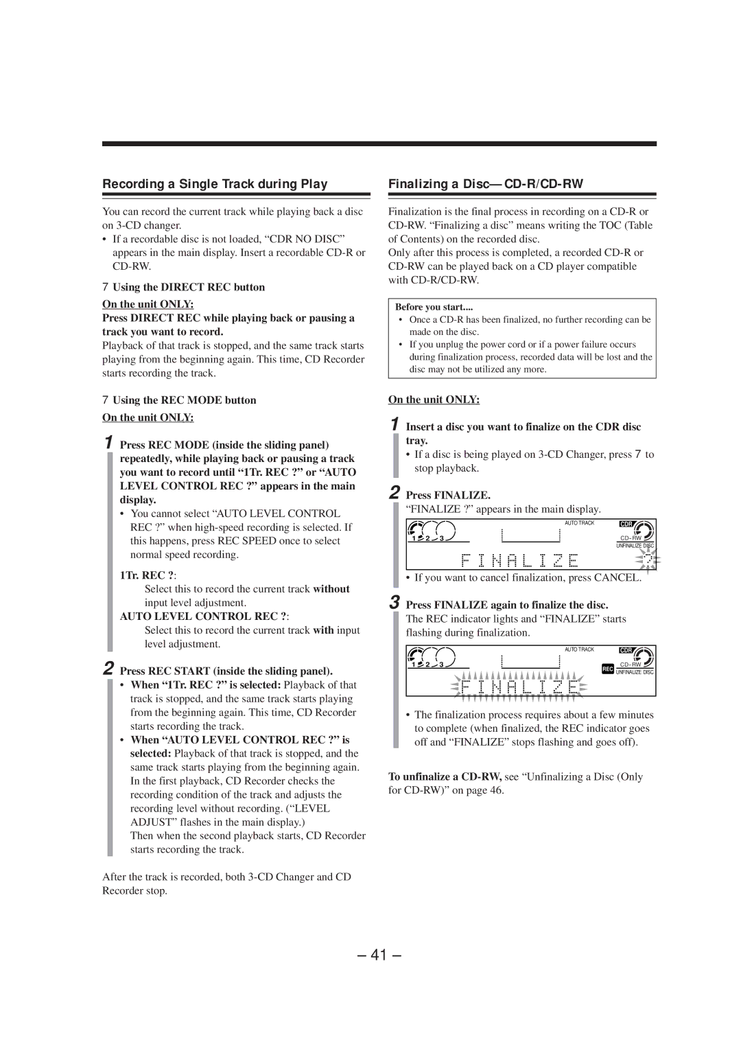 JVC LVT0749-003A manual Recording a Single Track during Play, Finalizing a Disc-CD-R/CD-RW, 1Tr. REC ?, Press Finalize 