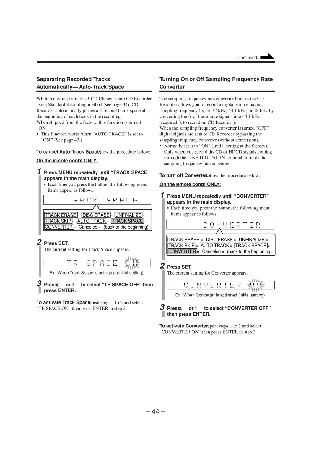 JVC CA-NXCDR7R, LVT0749-003A Turning On or Off Sampling Frequency Rate Converter, Current setting for Track Space appears 