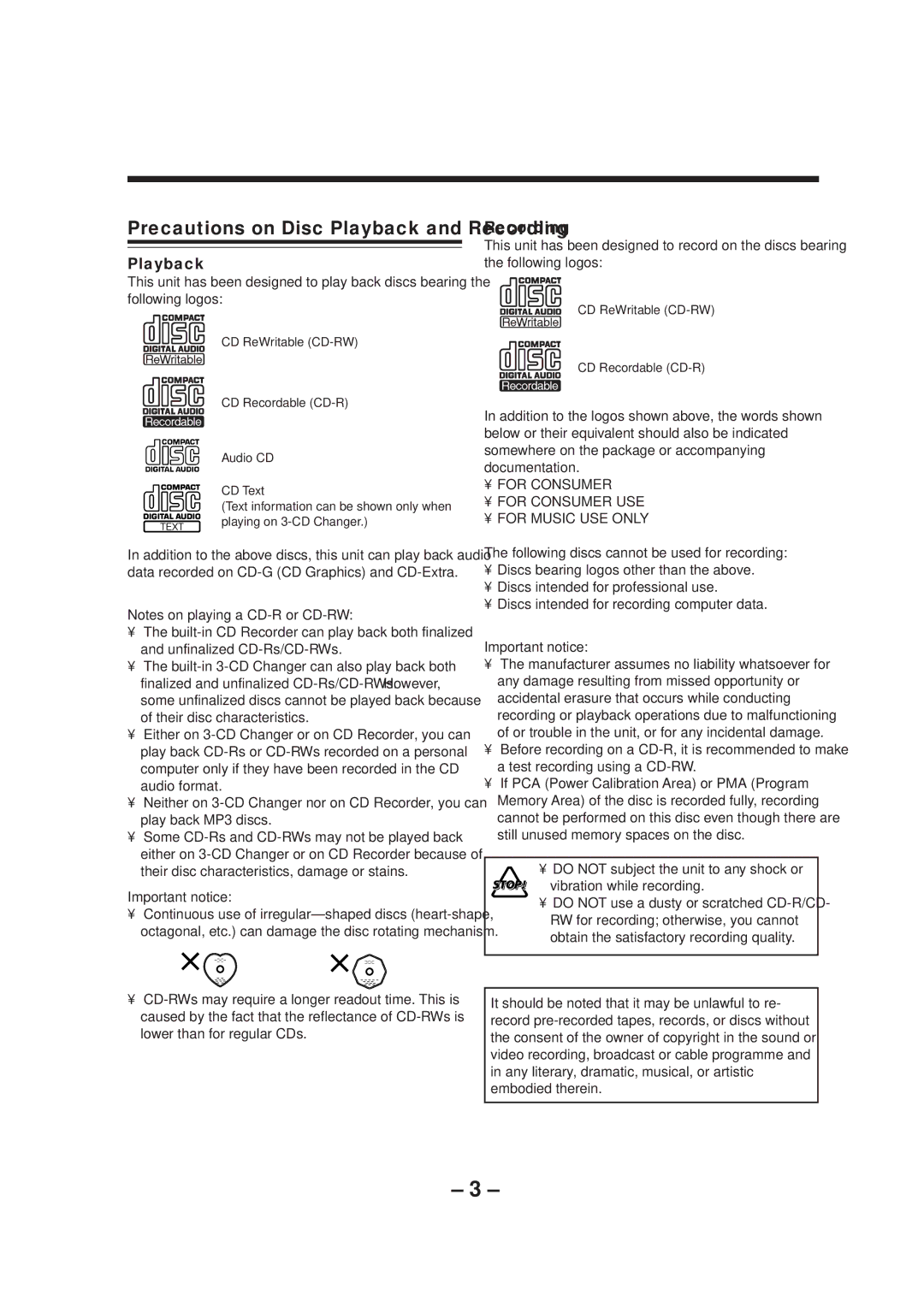 JVC LVT0749-003A, CA-NXCDR7R manual Precautions on Disc Playback and Recording, Important notice 