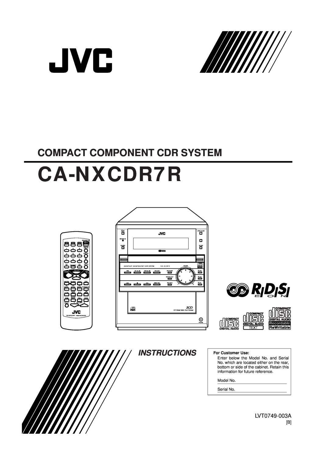 JVC CA-NXCDR7R manual LVT0749-003A, Compact Component Cdr System, Instructions, For Customer Use, 4 5 6 CANCEL 