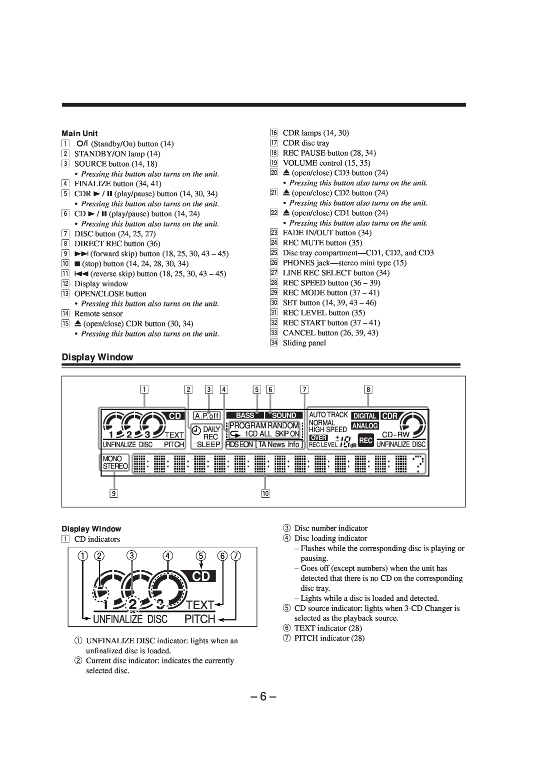 JVC CA-NXCDR7R, LVT0749-003A manual Display Window, Text, Unfinalize Disc, Pitch, Main Unit 
