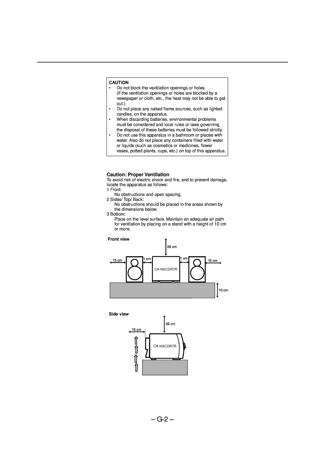 JVC CA-NXCDR7R, LVT0749-003A manual G-2, Caution Proper Ventilation, Front view, Side view 