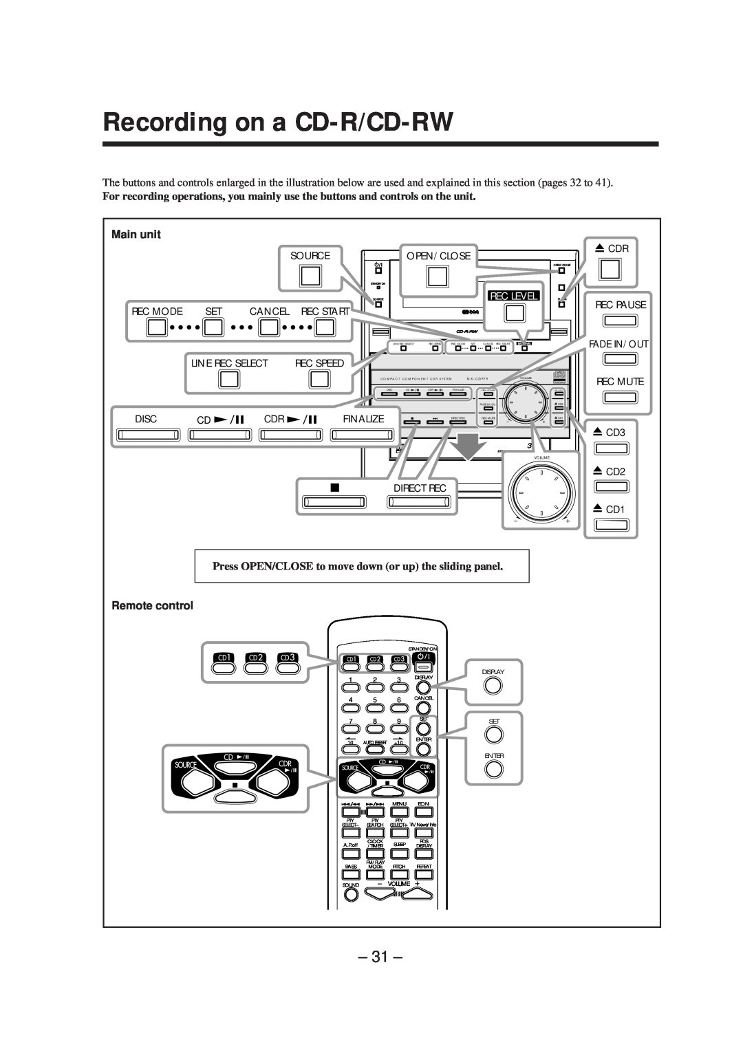 JVC LVT0749-003A, CA-NXCDR7R manual Recording on a CD-R/CD-RW, Main unit, Remote control 