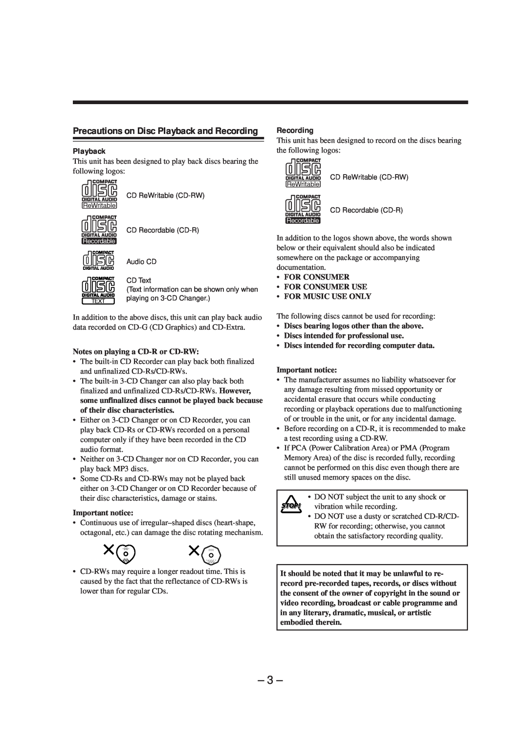 JVC LVT0749-003A, CA-NXCDR7R manual Precautions on Disc Playback and Recording 