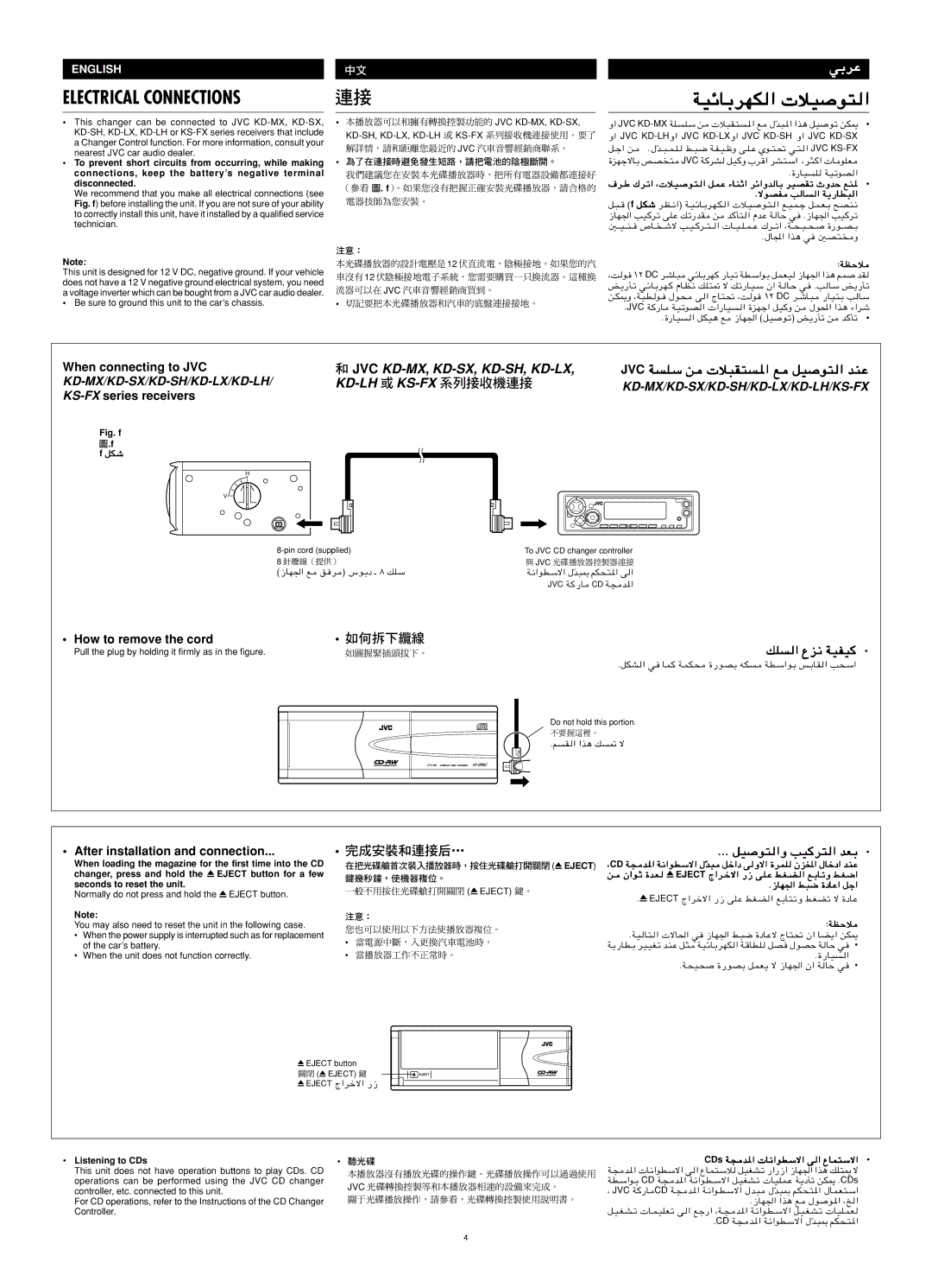 JVC LVT0847-001A, CH-X460 user service Electrical Connections, ﺔﻴﺋﺎﺑﺮﻬﻜﻟا تﻼﻴﺻﻮﺘﻟا, ﻚﻠﺴﻟا عﺰﻧ ﺔﻴﻔﻴﻛ, ﻞﻴﺻﻮﺘﻟاو ﺐﻴﻛﺮﺘﻟا ﺪﻌﺑ 