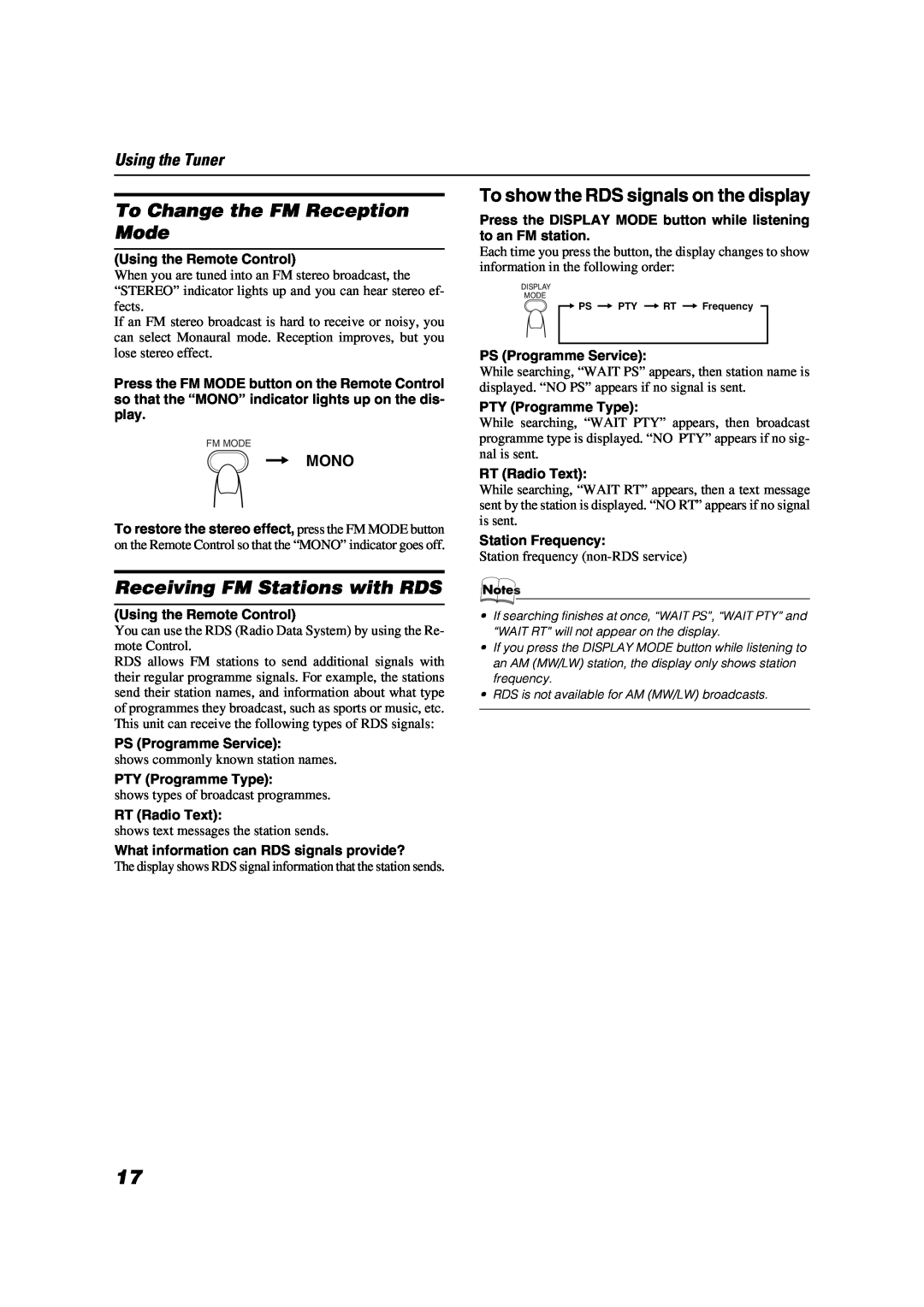 JVC LVT0853-009B To Change the FM Reception Mode, Receiving FM Stations with RDS, To show the RDS signals on the display 