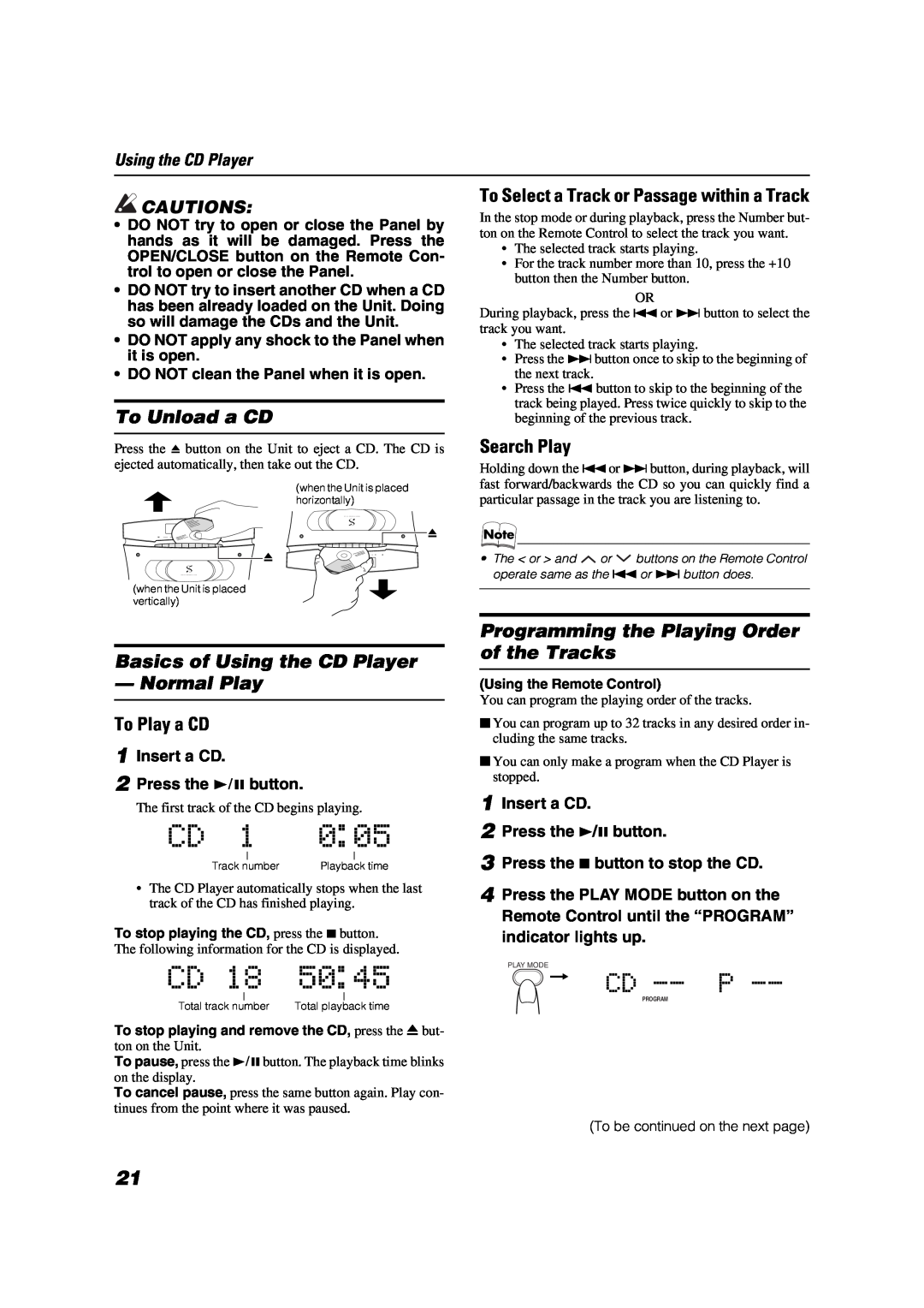 JVC LVT0853-009B, P-VSDT6 To Unload a CD, Basics of Using the CD Player - Normal Play, To Play a CD, Search Play, Cautions 