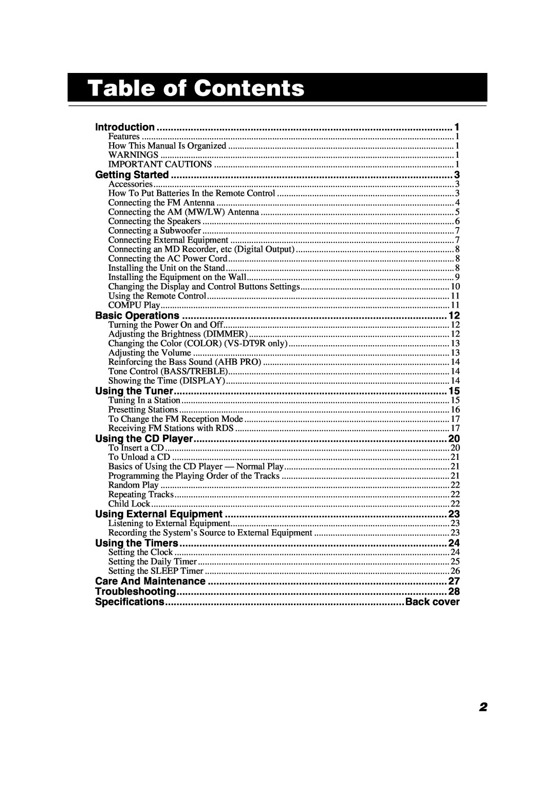 JVC P-VSDT6, LVT0853-009B manual Table of Contents, Specifications 