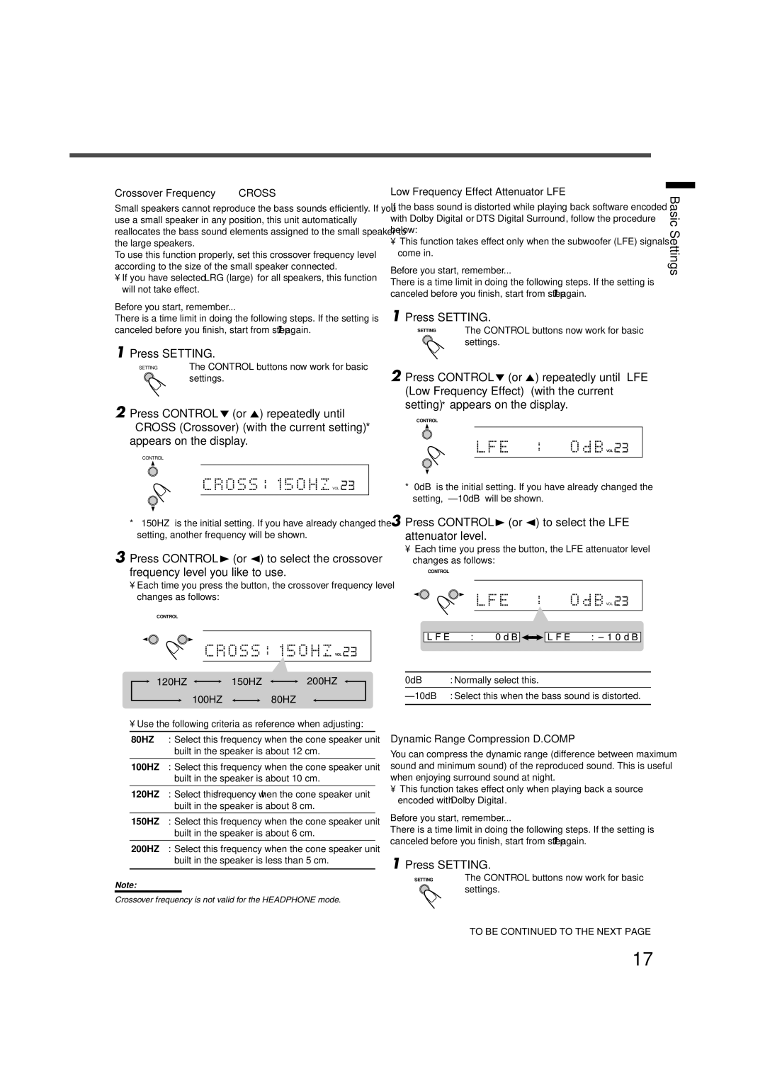 JVC LVT0858-001A manual Press Control 3 or 2 to select the LFE attenuator level, Crossover Frequency-CROSS 