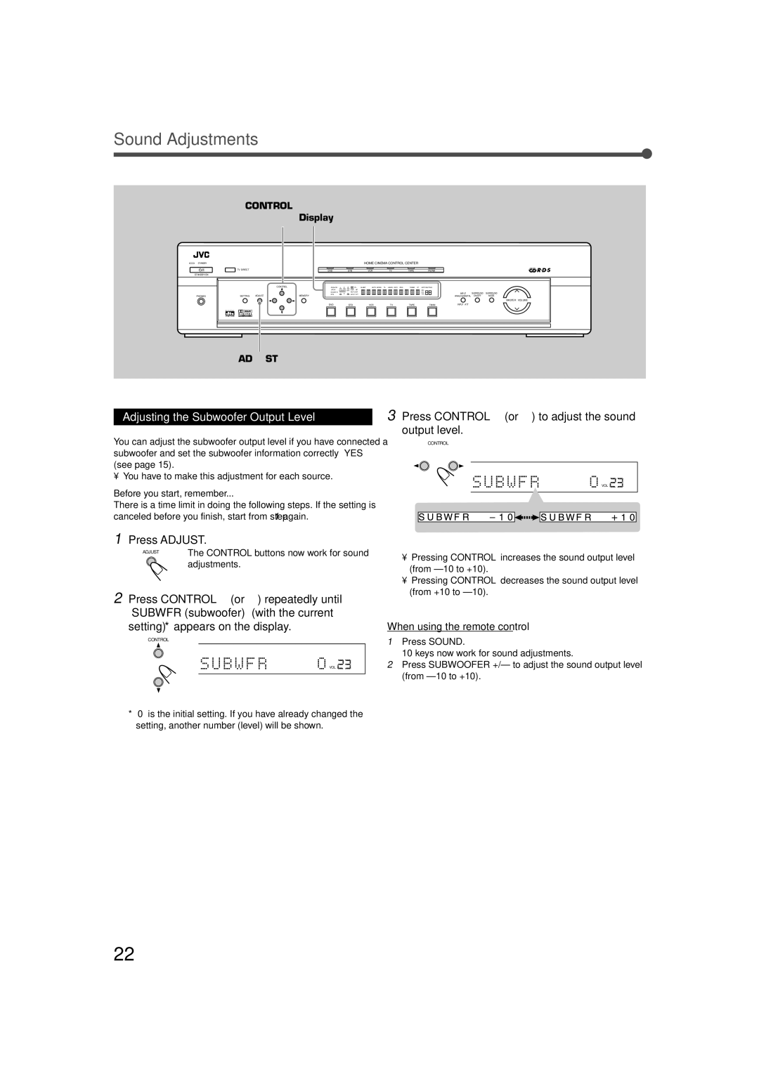 JVC LVT0858-001A manual Sound Adjustments, Adjusting the Subwoofer Output Level 