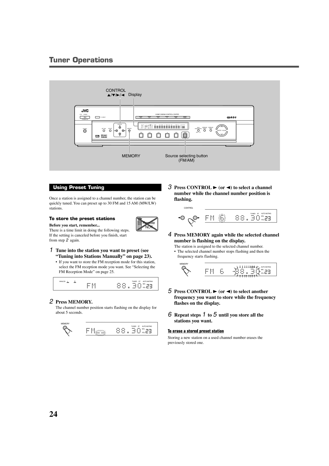 JVC LVT0858-001A manual Tuner Operations, Using Preset Tuning, Press Memory, To erase a stored preset station 
