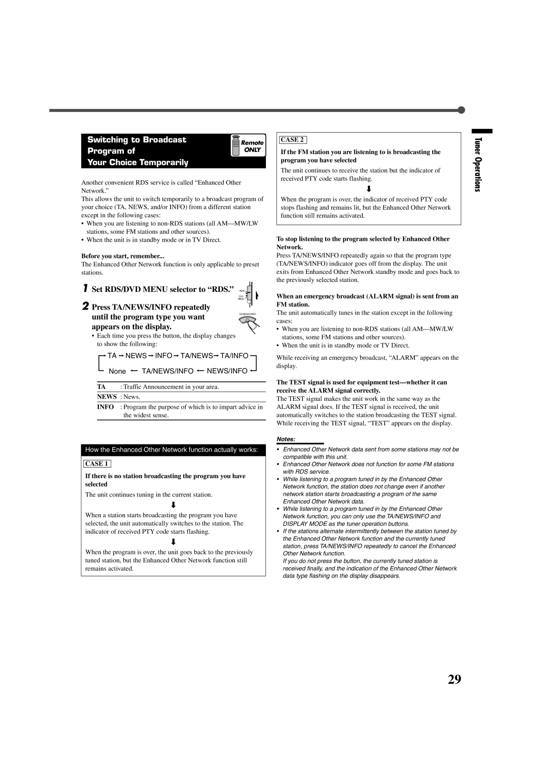 JVC LVT0858-001A manual Switching to Broadcast, Program, Your Choice Temporarily, Press TA/NEWS/INFO repeatedly 