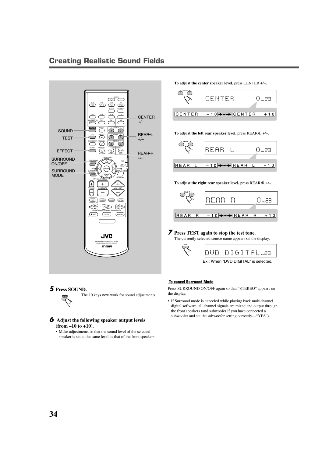 JVC LVT0858-001A manual Press Test again to stop the test tone, Press Sound, To cancel Surround Mode 