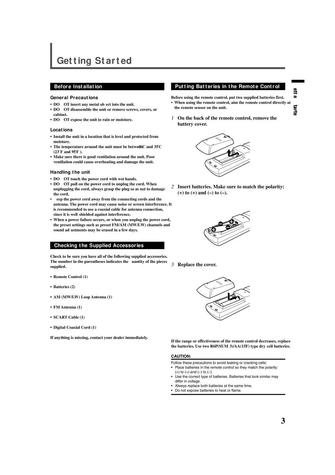 JVC LVT0858-001A manual Getting Started, Before Installation Putting Batteries in the Remote Control 