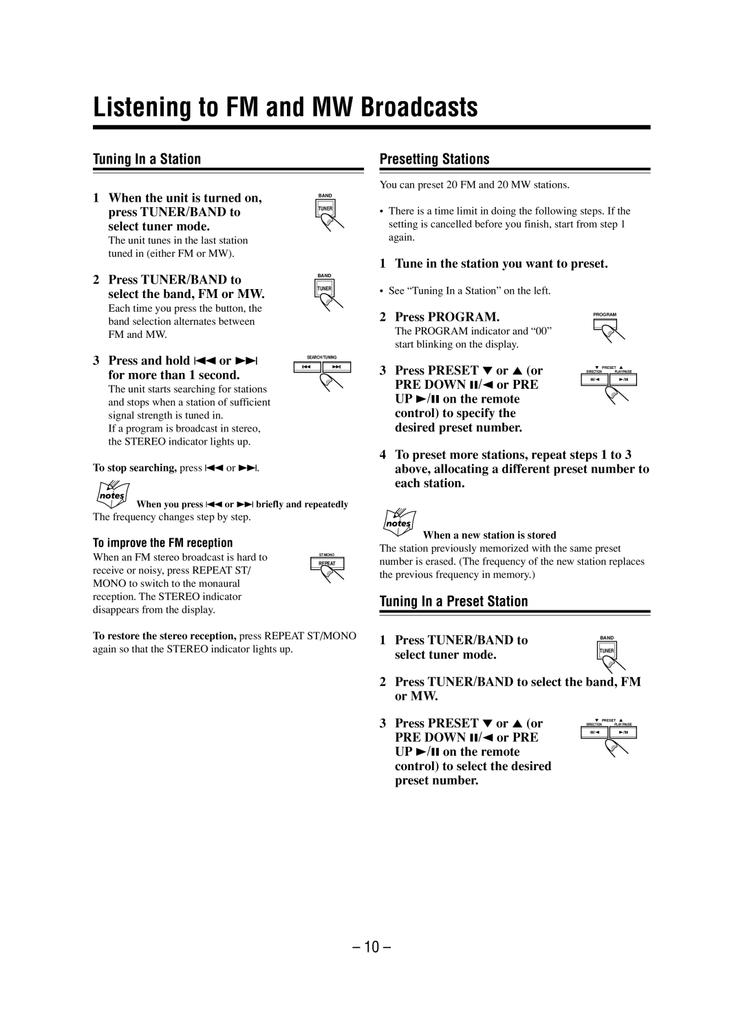 JVC LVT0862-001B Listening to FM and MW Broadcasts, Tuning In a Station, Presetting Stations, Tuning In a Preset Station 