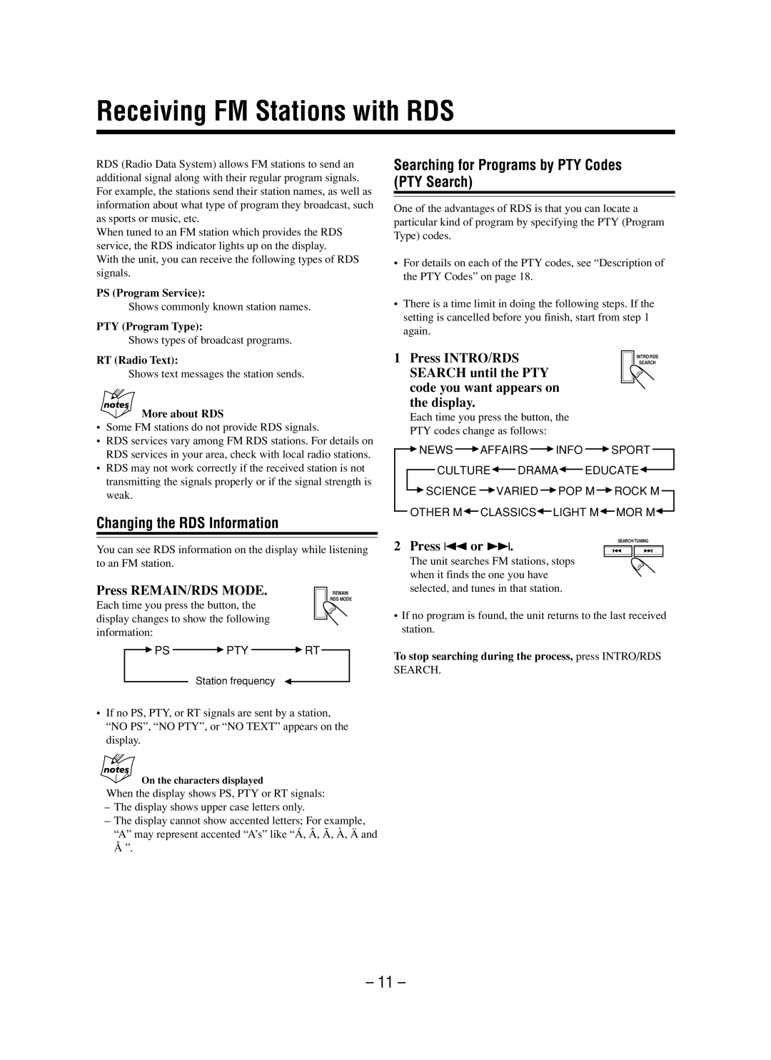 JVC LVT0862-001B Receiving FM Stations with RDS, Press INTRO/RDS, Search until the PTY Code you want appears on Display 