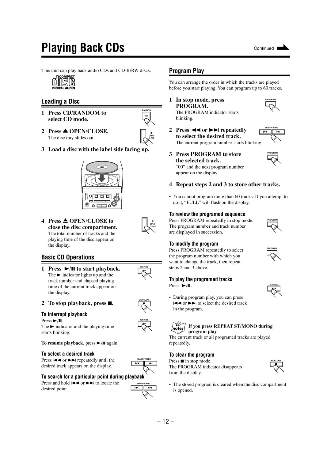 JVC LVT0862-001B manual Playing Back CDs, Program Play, Loading a Disc, Basic CD Operations 