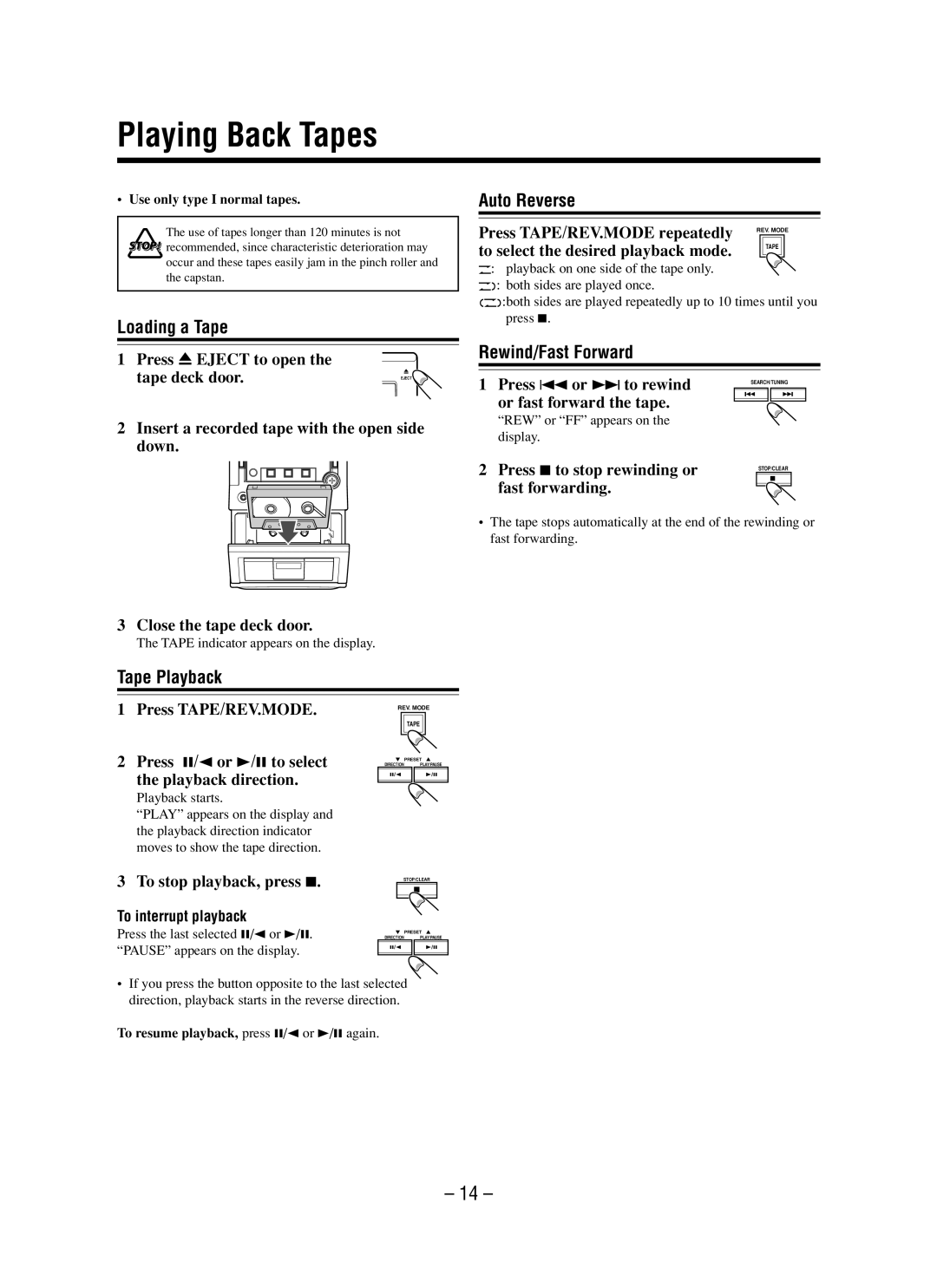 JVC LVT0862-001B manual Playing Back Tapes, Loading a Tape, Auto Reverse, Rewind/Fast Forward, Tape Playback 