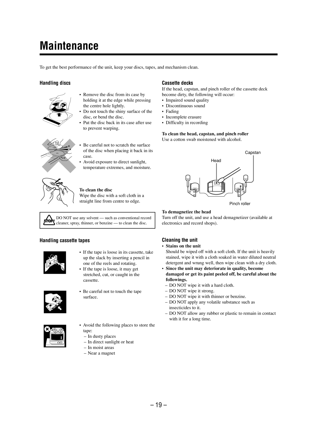 JVC LVT0862-001B manual Maintenance, Handling discs, Cassette decks, Handling cassette tapes, Cleaning the unit 