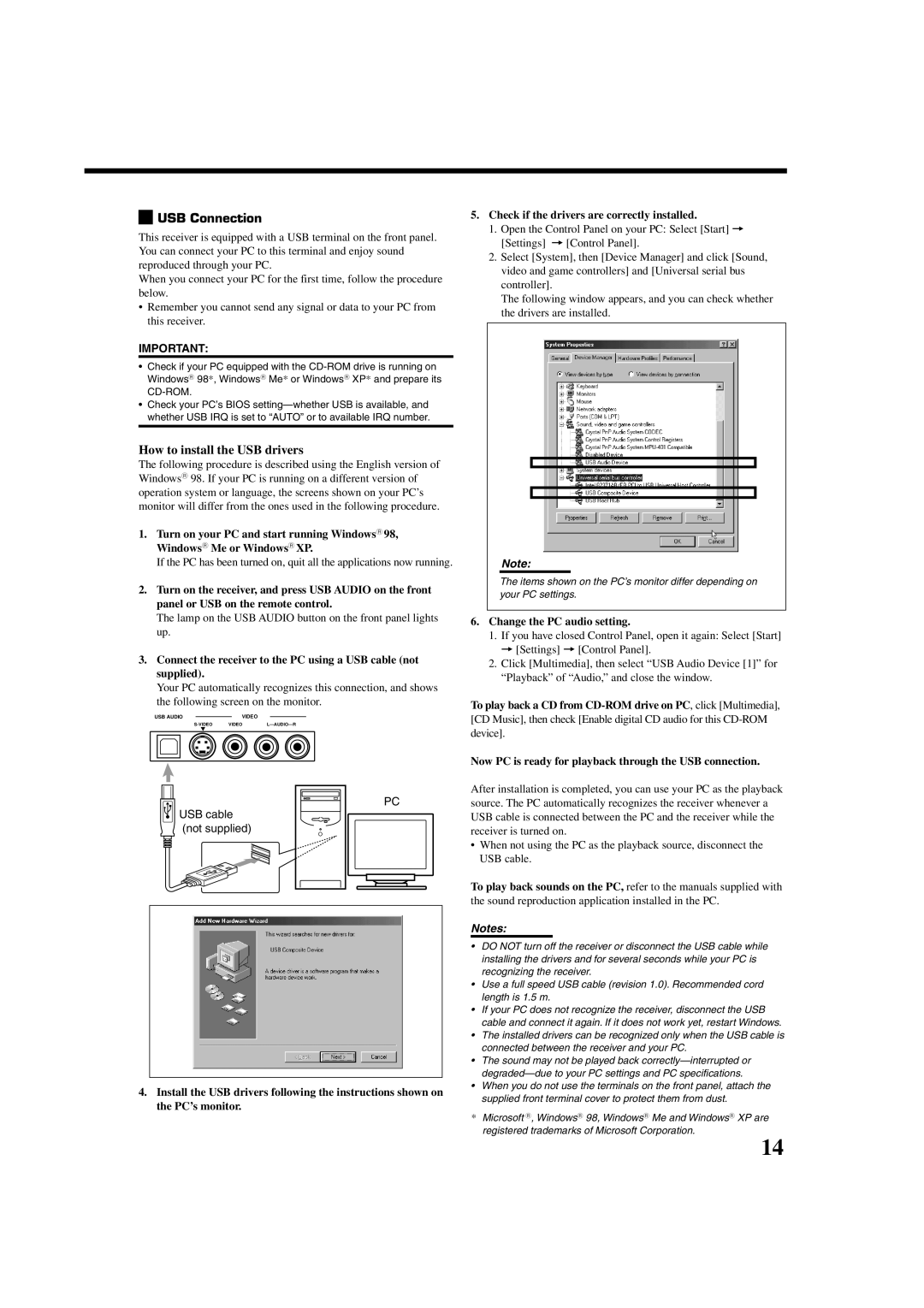 JVC RX-8022PSL manual USB Connection, Lamp on the USB Audio button on the front panel lights up, USB cable not supplied 