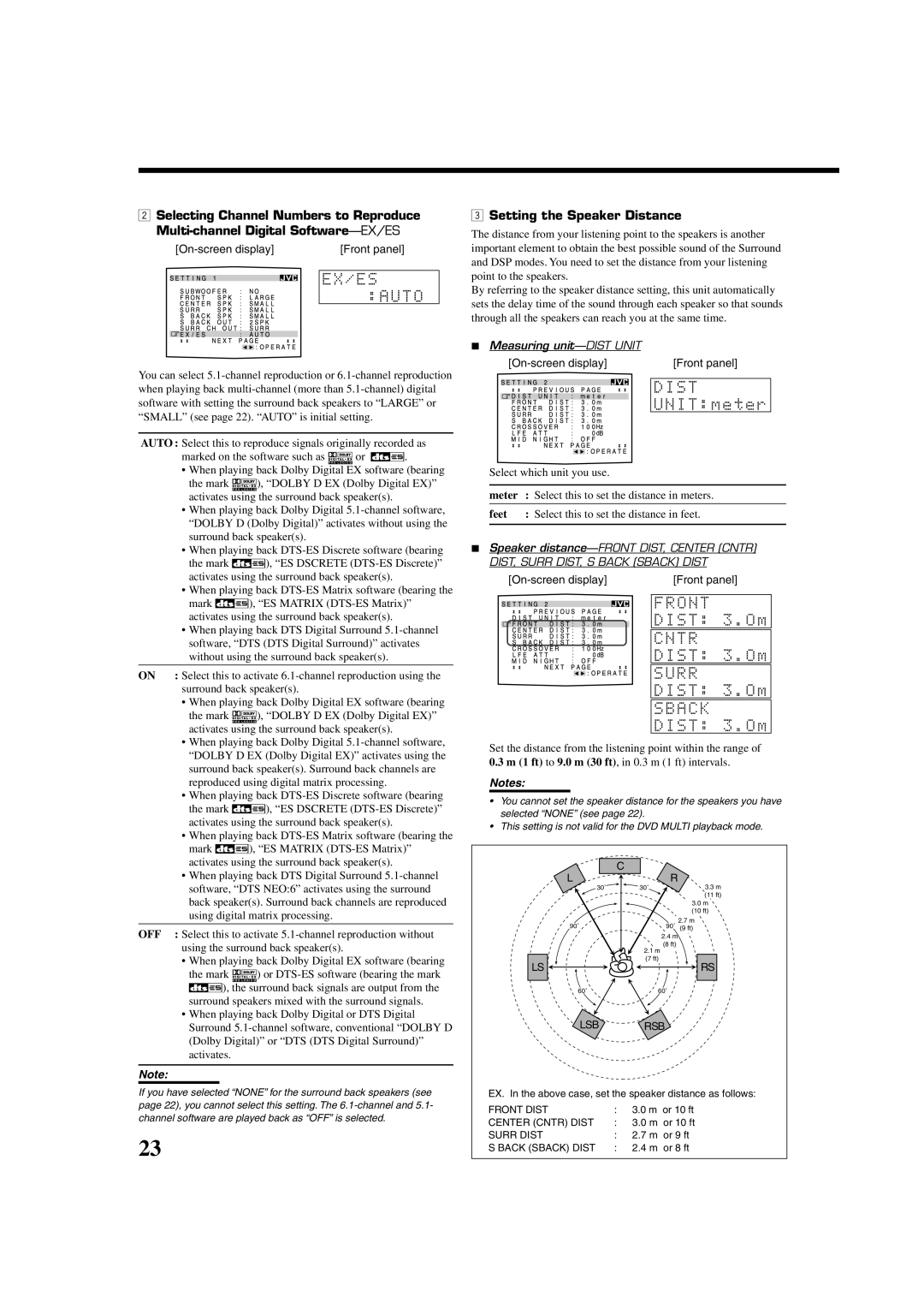 JVC LVT0870-006A Setting the Speaker Distance, Measuring unit-DIST Unit, Feet Select this to set the distance in feet 