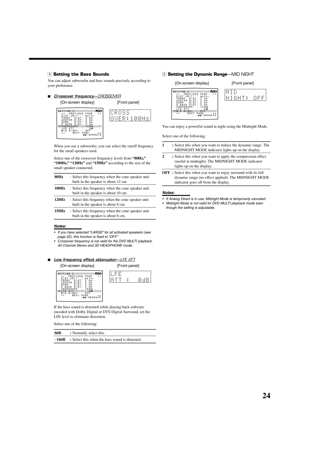 JVC RX-8022PSL, LVT0870-006A Setting the Bass Sounds, Setting the Dynamic Range-MID Night, Crossover frequency-CROSSOVER 