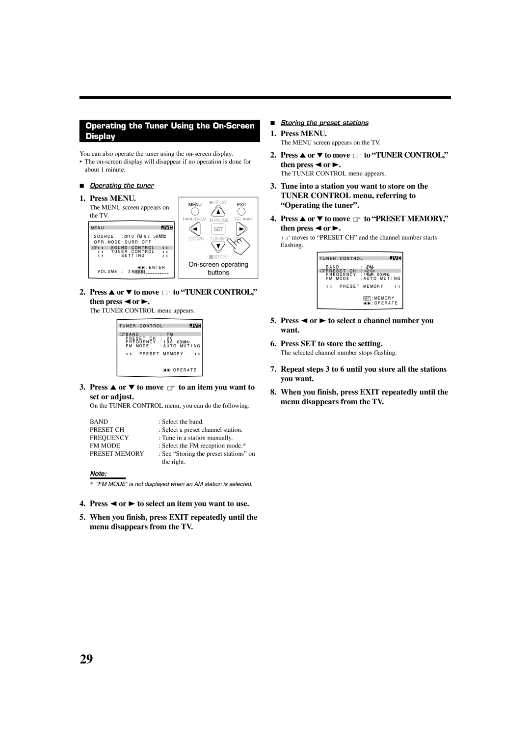 JVC LVT0870-006A Operating the Tuner Using the On-Screen Display, Press 5 or ∞ to move to Tuner CONTROL, then press 2 or 