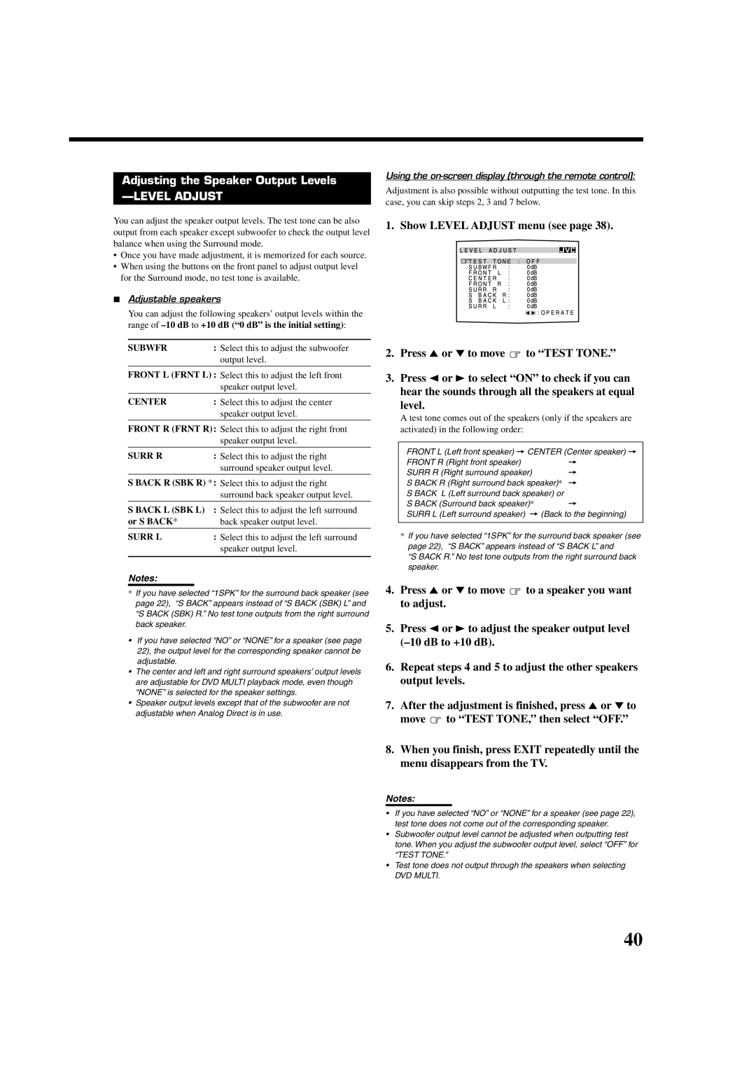 JVC RX-8022PSL manual Adjusting the Speaker Output Levels, Select this to adjust the subwoofer, Output level, Or S Back 