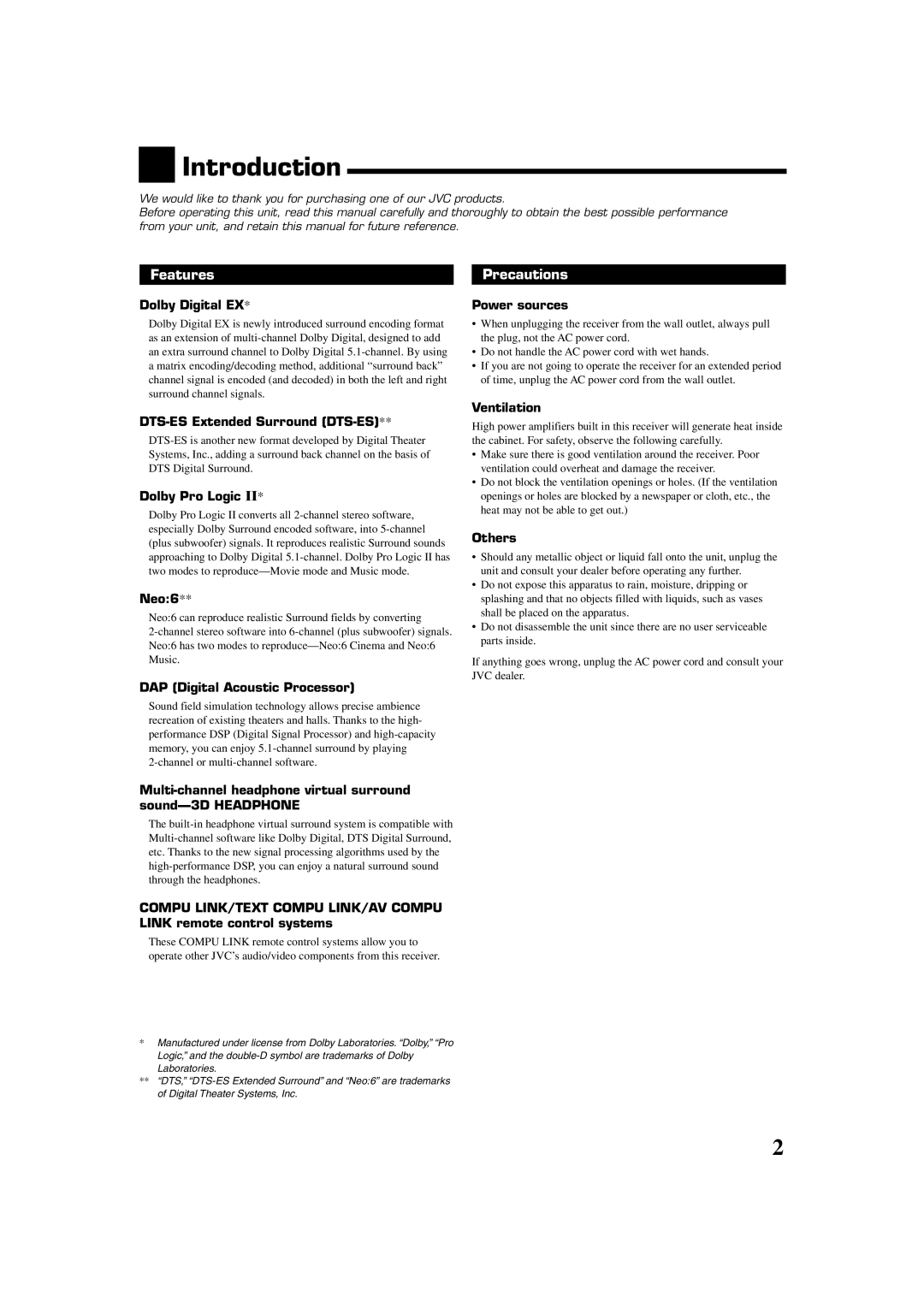 JVC RX-8022PSL, LVT0870-006A manual Introduction, Features Precautions 