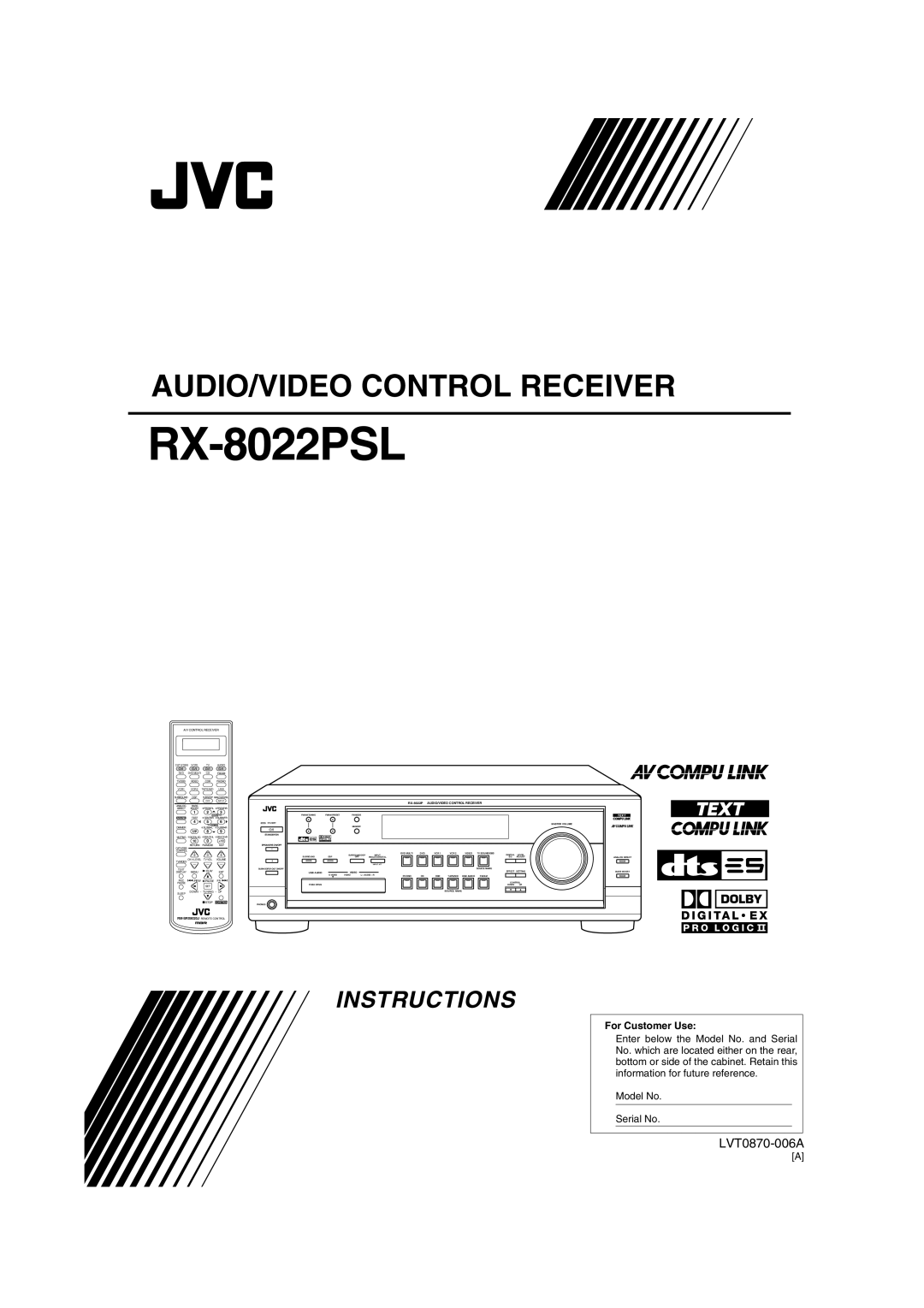 JVC RX-8022PSL manual Audio/Video Control Receiver, Instructions, LVT0870-006A, For Customer Use 