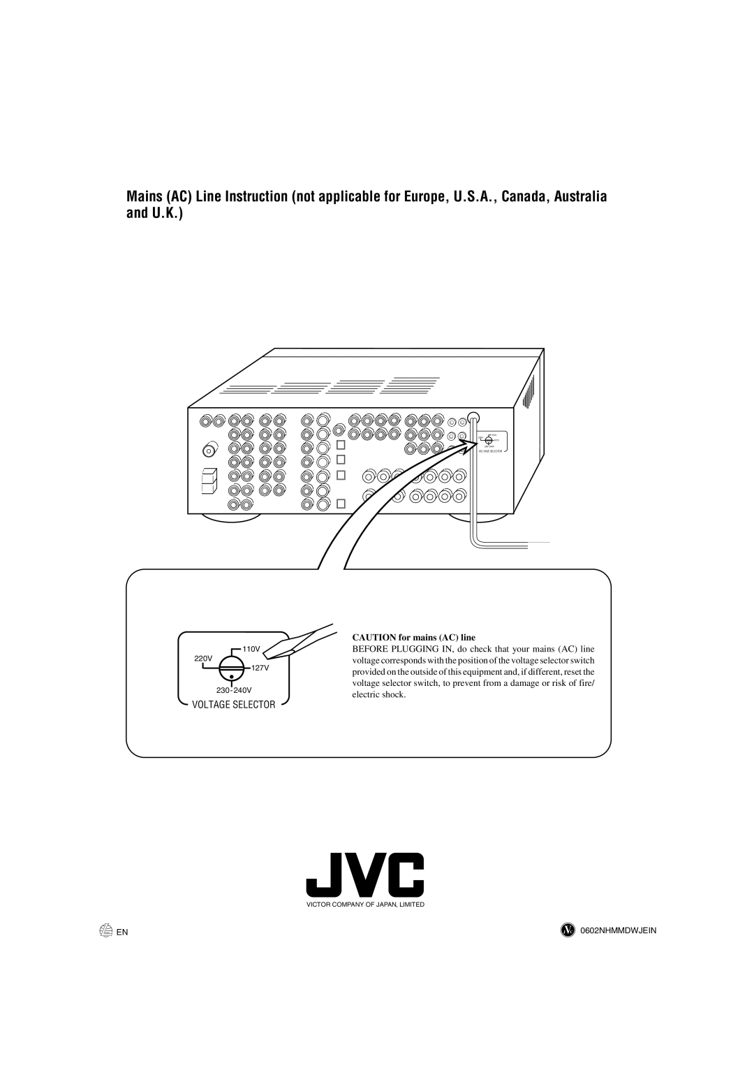 JVC LVT0870-006A, RX-8022PSL manual Voltage Selector, CAUTION for mains AC line, electric shock, JVC 0602NHMMDWJEIN 