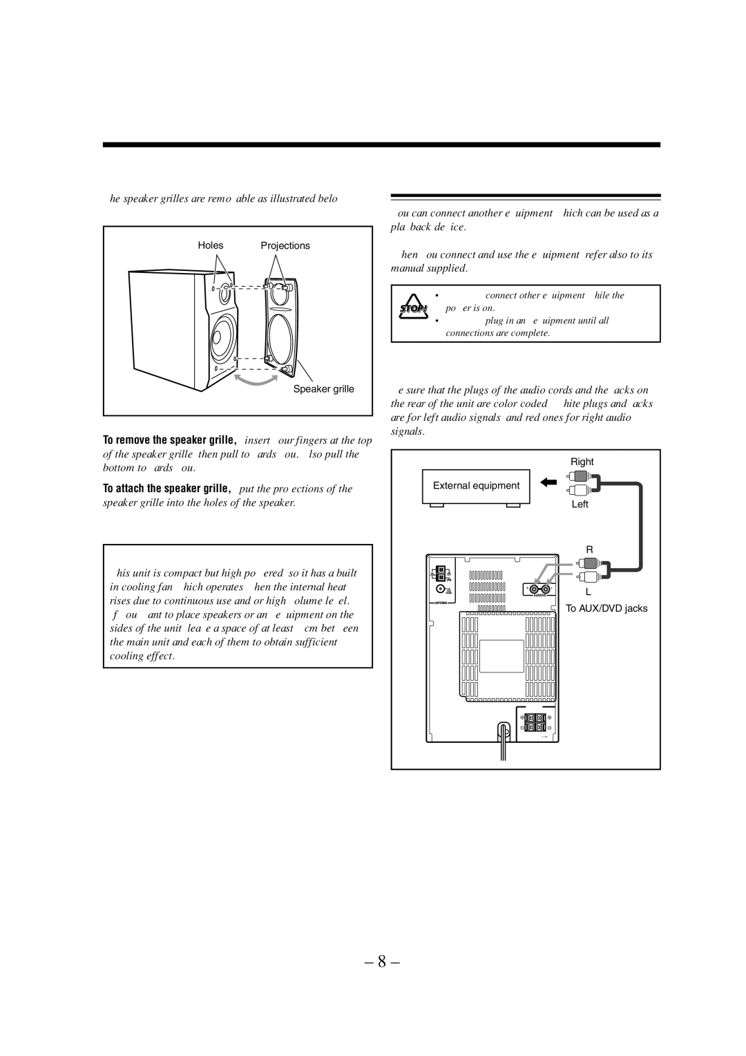 JVC LVT0900-003A manual Connecting External Equipment, To remove the speaker grilles, To connect external equipment 