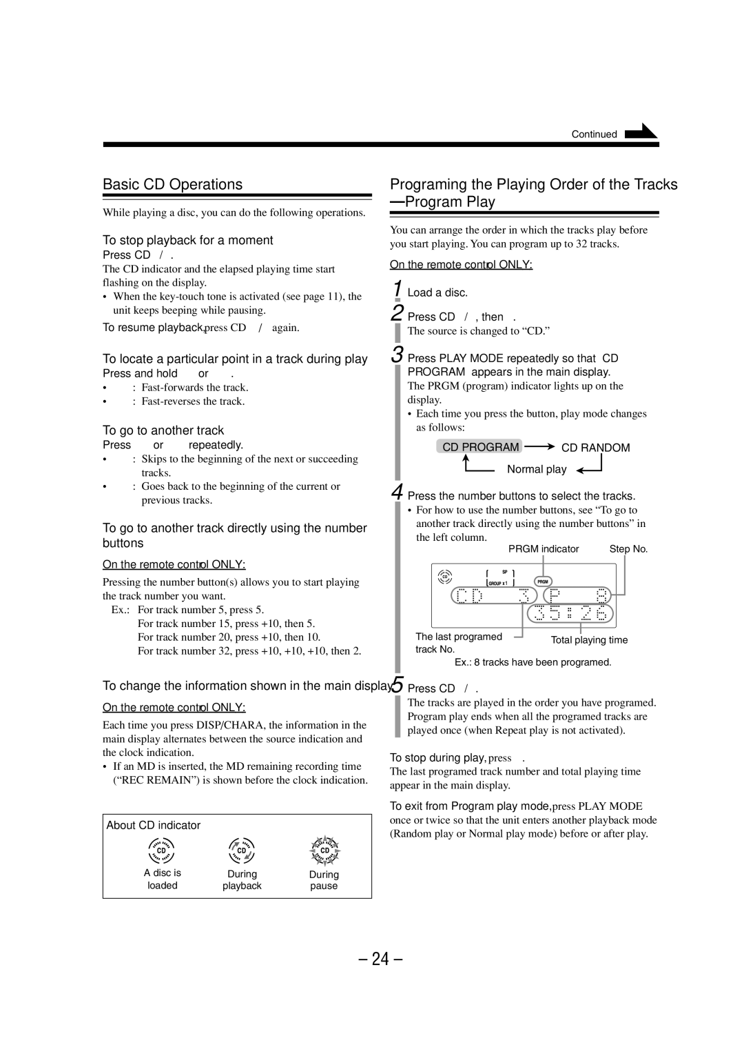 JVC LVT0900-003A manual Basic CD Operations, Program Play, To stop playback for a moment, To go to another track 