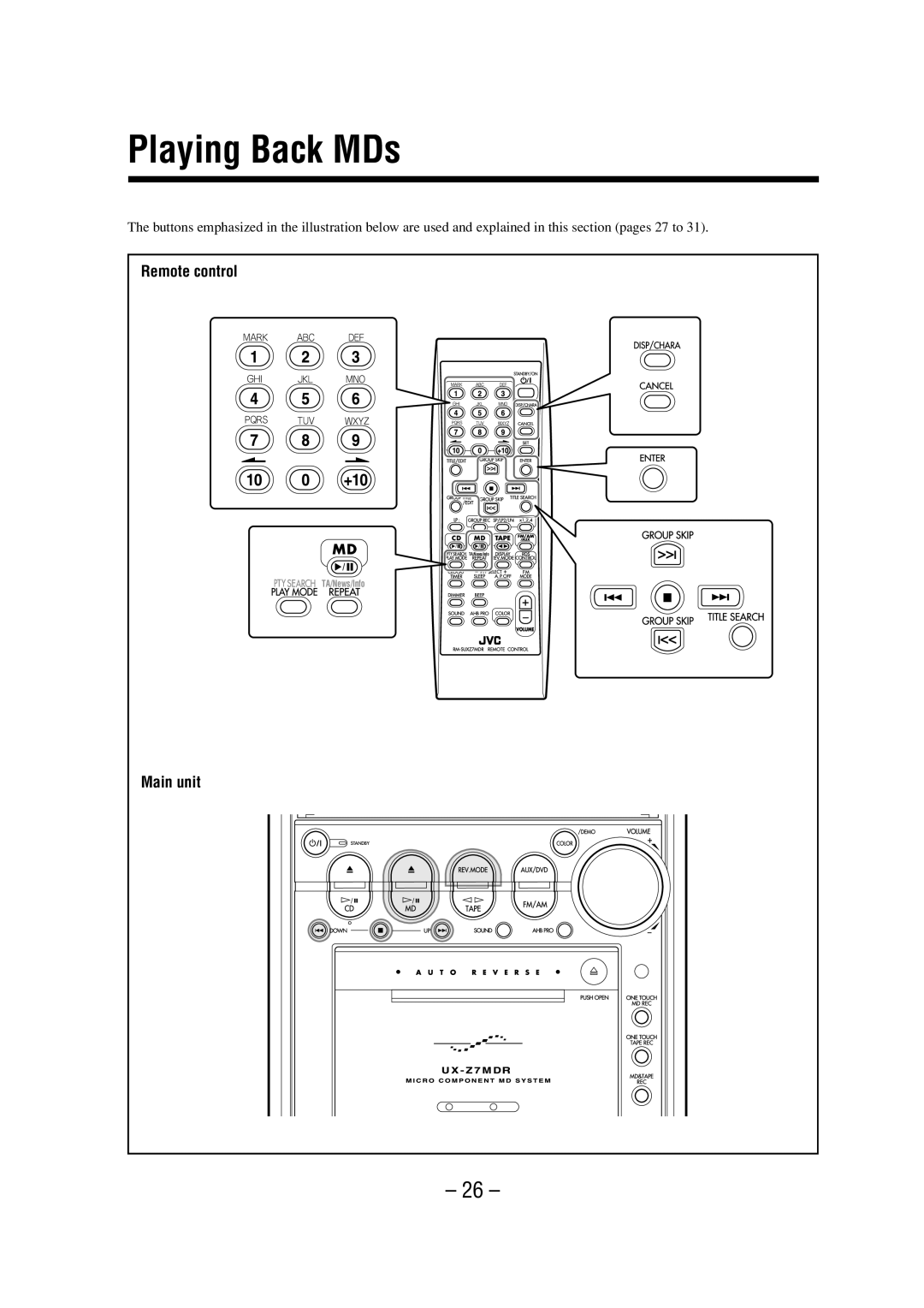 JVC LVT0900-003A manual Playing Back MDs, Remote control 