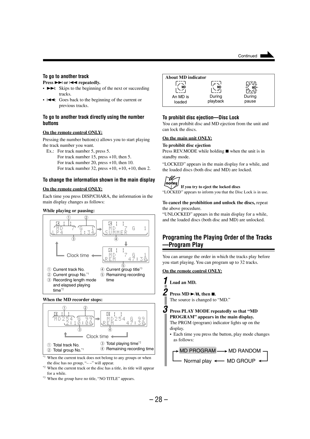 JVC LVT0900-003A manual Normal play MD Group, About MD indicator, On the main unit only To prohibit disc ejection 