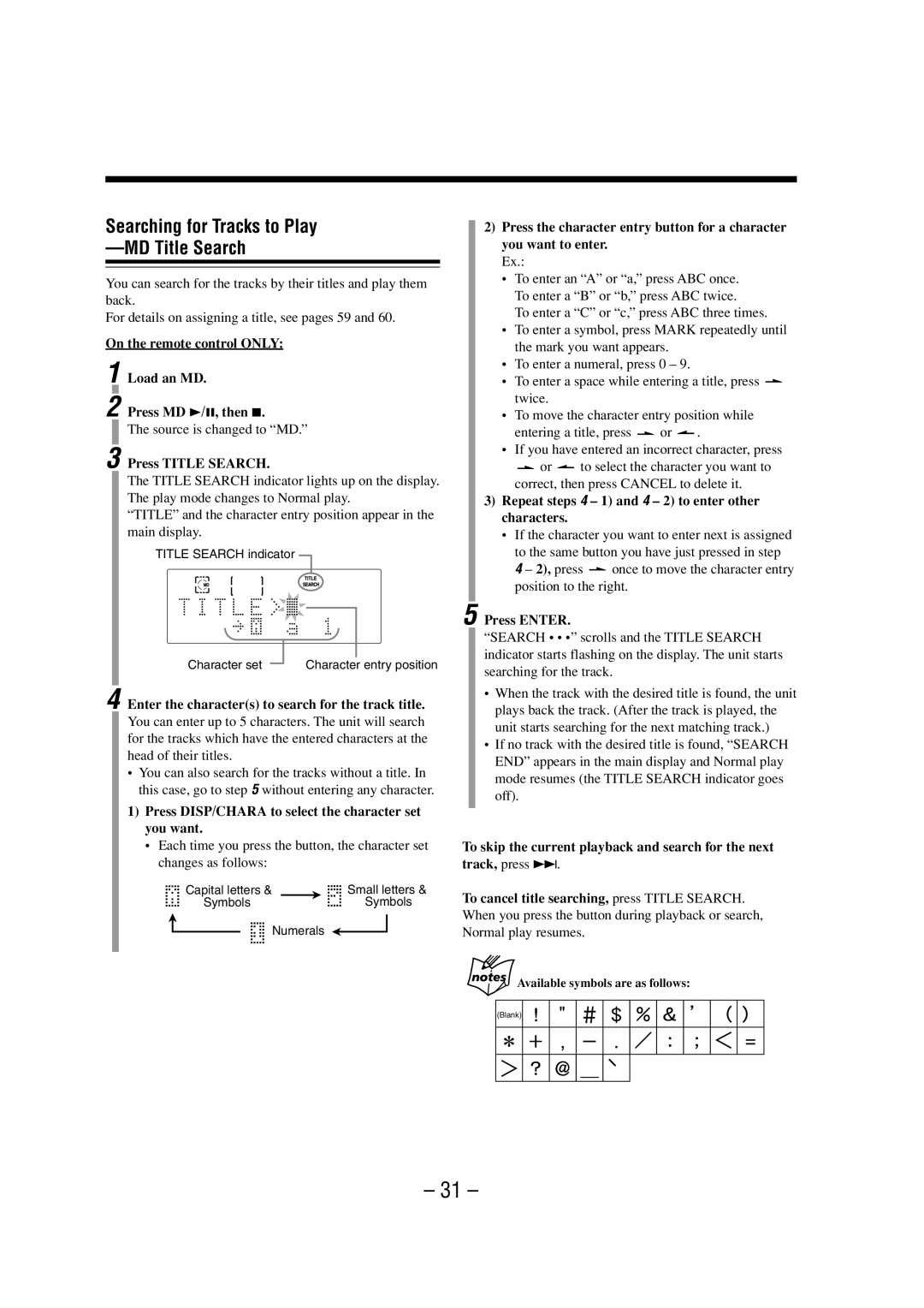 JVC LVT0900-003A manual Searching for Tracks to Play MD Title Search 