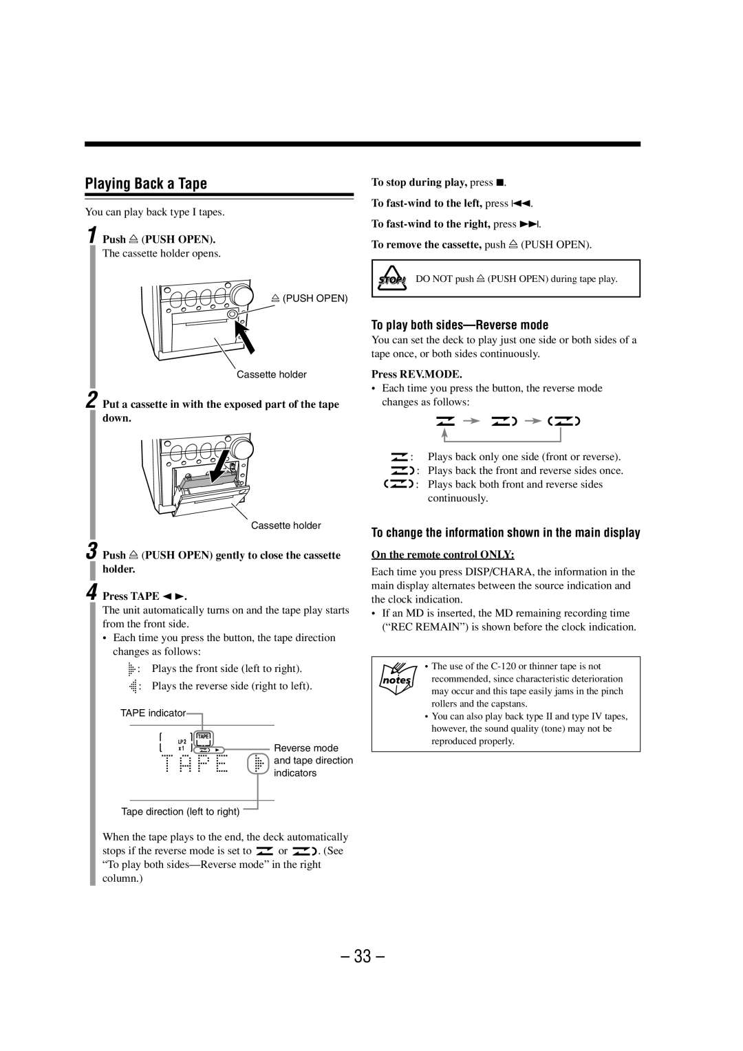 JVC LVT0900-003A manual Playing Back a Tape, To play both sides-Reverse mode, Push Push Open, Press REV.MODE 