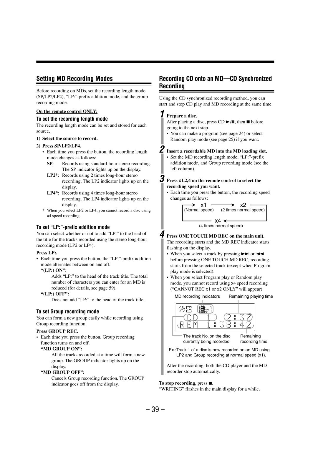 JVC LVT0900-003A manual Setting MD Recording Modes, Recording CD onto an MD-CD Synchronized Recording 