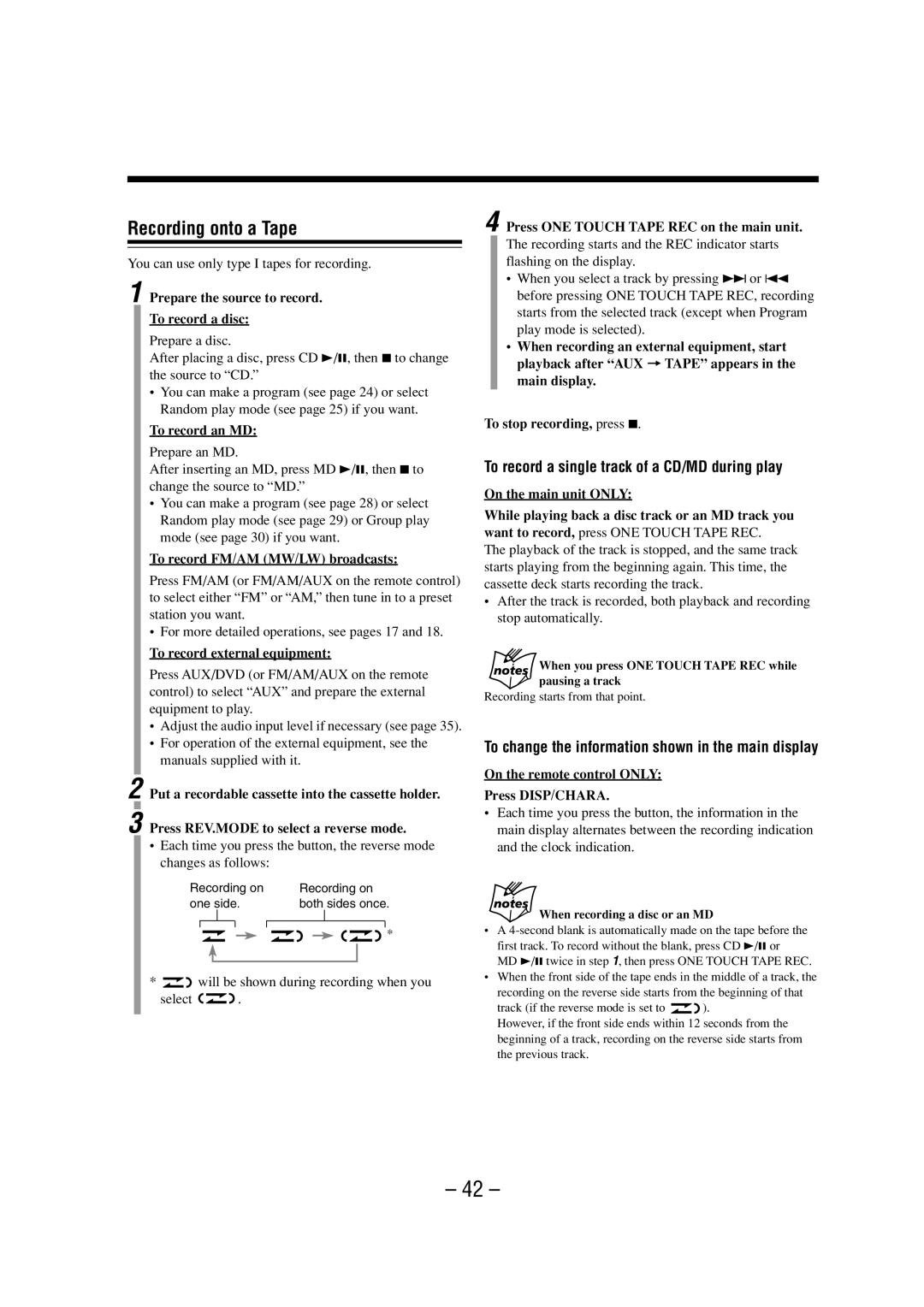 JVC LVT0900-003A manual Recording onto a Tape, To record a single track of a CD/MD during play, To record an MD 