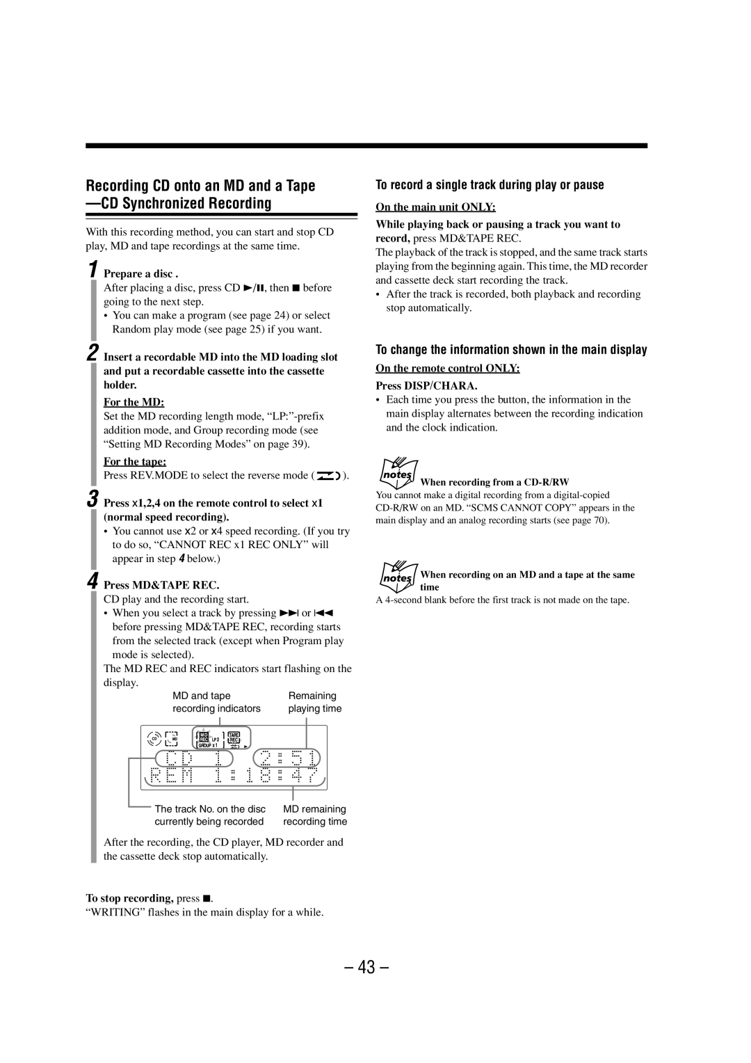 JVC LVT0900-003A manual For the tape, Press REV.MODE to select the reverse mode, Press MD&TAPE REC 