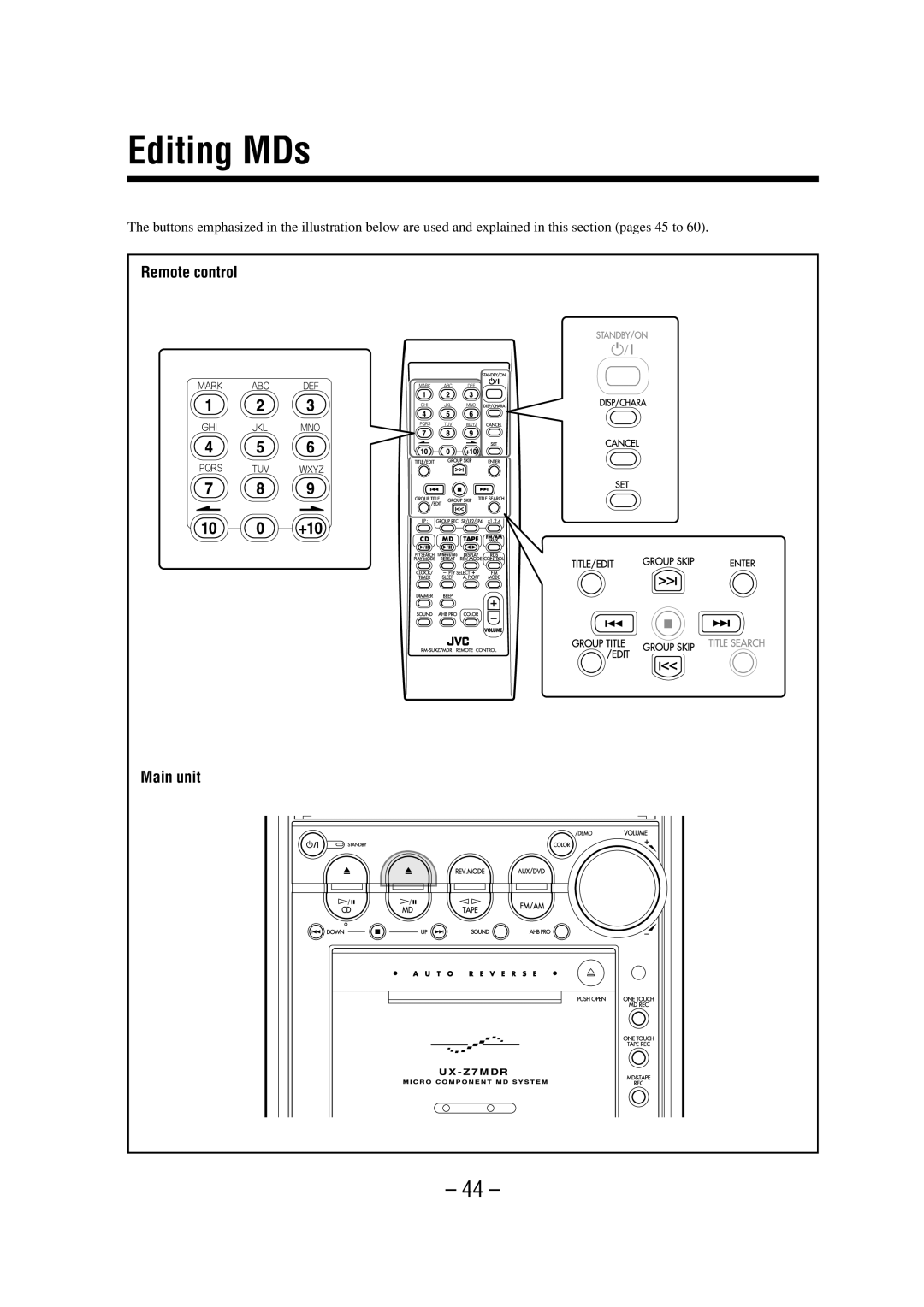 JVC LVT0900-003A manual Editing MDs, Remote control 