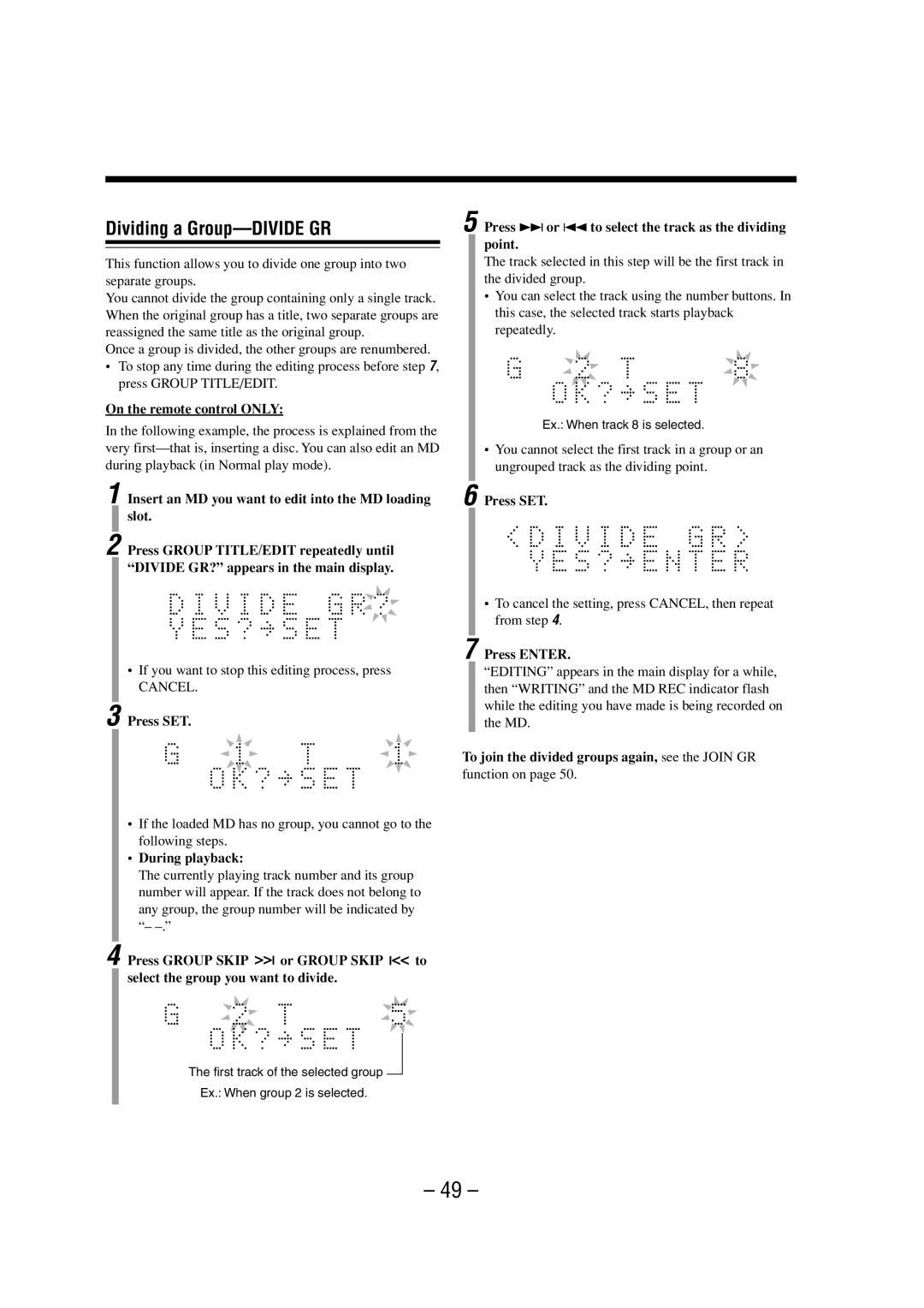 JVC LVT0900-003A manual Dividing a Group-DIVIDE GR, To join the divided groups again, see the Join GR, Function on 