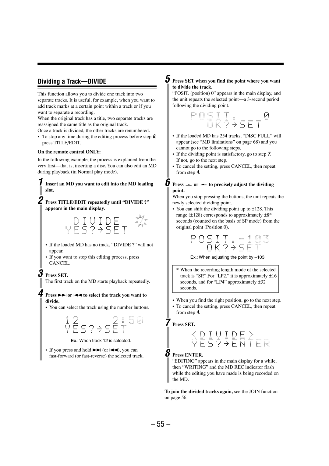 JVC LVT0900-003A manual Dividing a Track-DIVIDE, Press ¢or 4to select the track you want to divide 