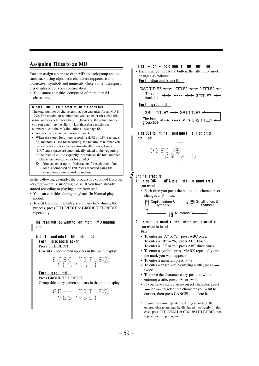 JVC LVT0900-003A manual Assigning Titles to an MD, For the group title, Press or to change the title entry mode 