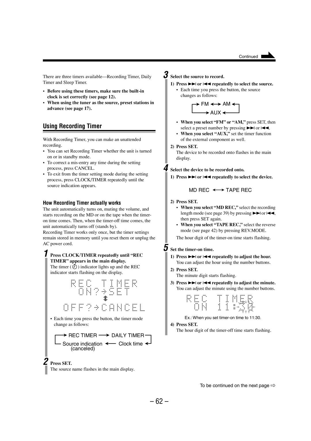 JVC LVT0900-003A manual Using Recording Timer, How Recording Timer actually works, Source indication Clock time canceled 