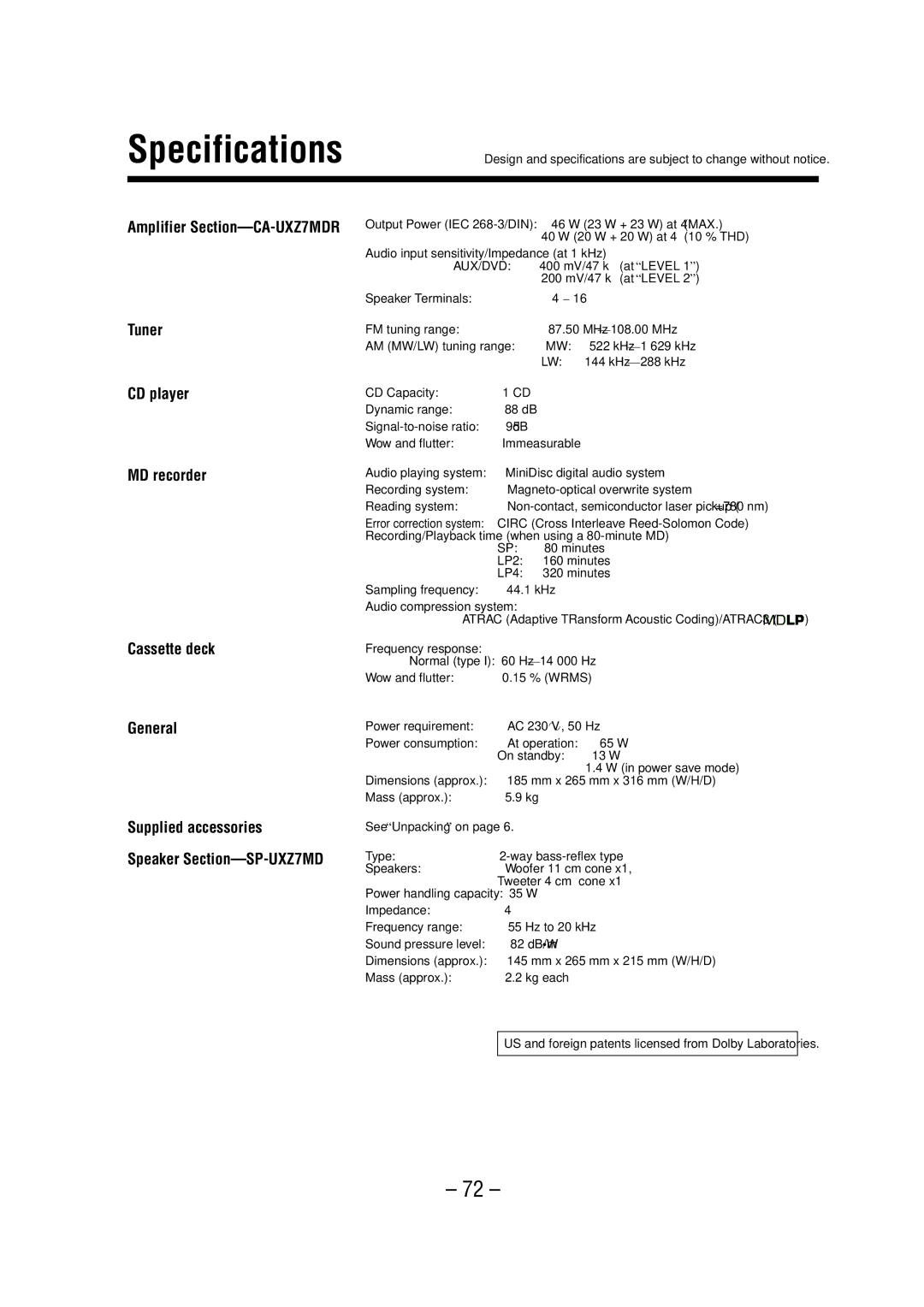 JVC LVT0900-003A manual Specifications, Aux/Dvd 