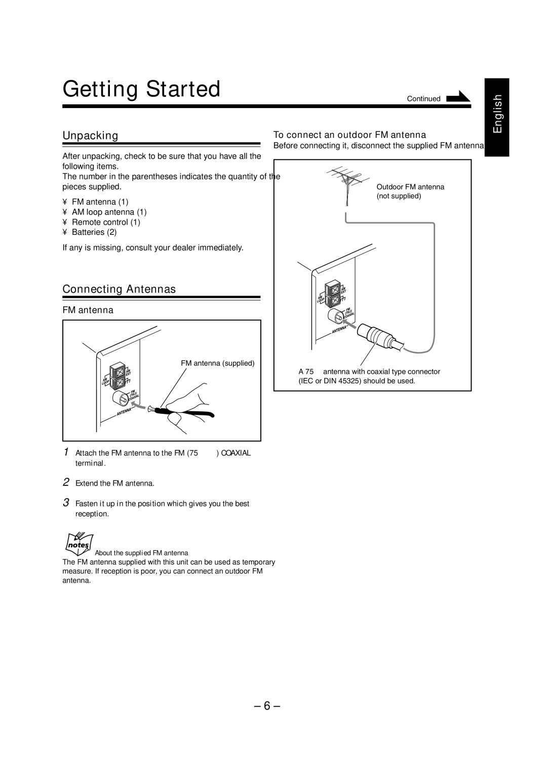 JVC CA-UXZ7MD, LVT0900-004A Getting Started, Unpacking, Connecting Antennas, FM antenna To connect an outdoor FM antenna 